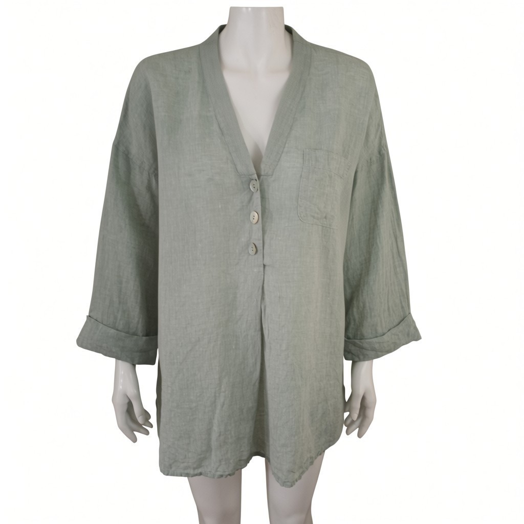 J Jill Pure 100% Linen Sage Green 3 Button Split V-Neck 3/4 Cuffed Sleeve sz L