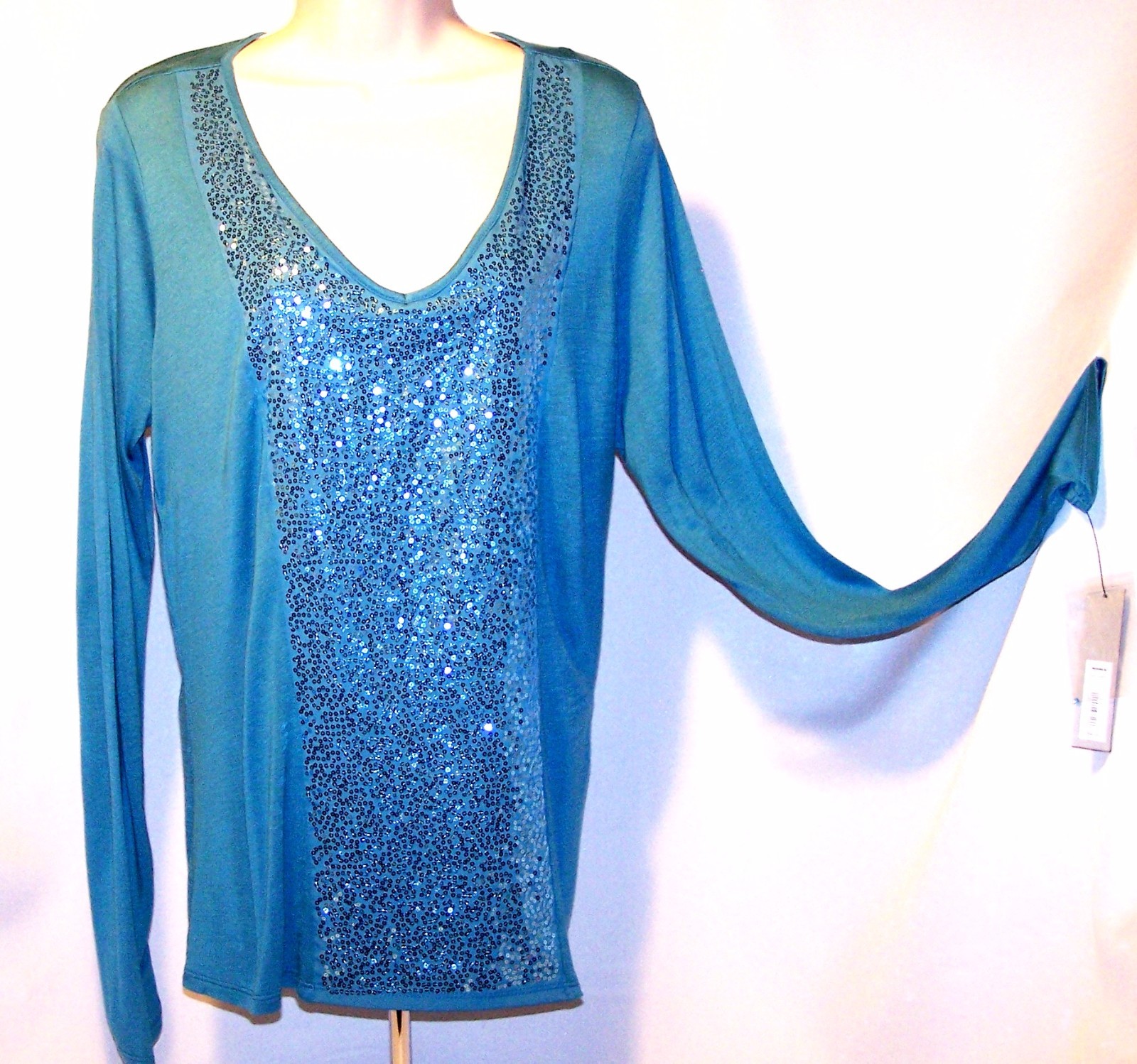 NEW $40 Tag APT 9. Storm Blue LARGE Knit Woven SEQUIN Front TEE Top Long Sleeve