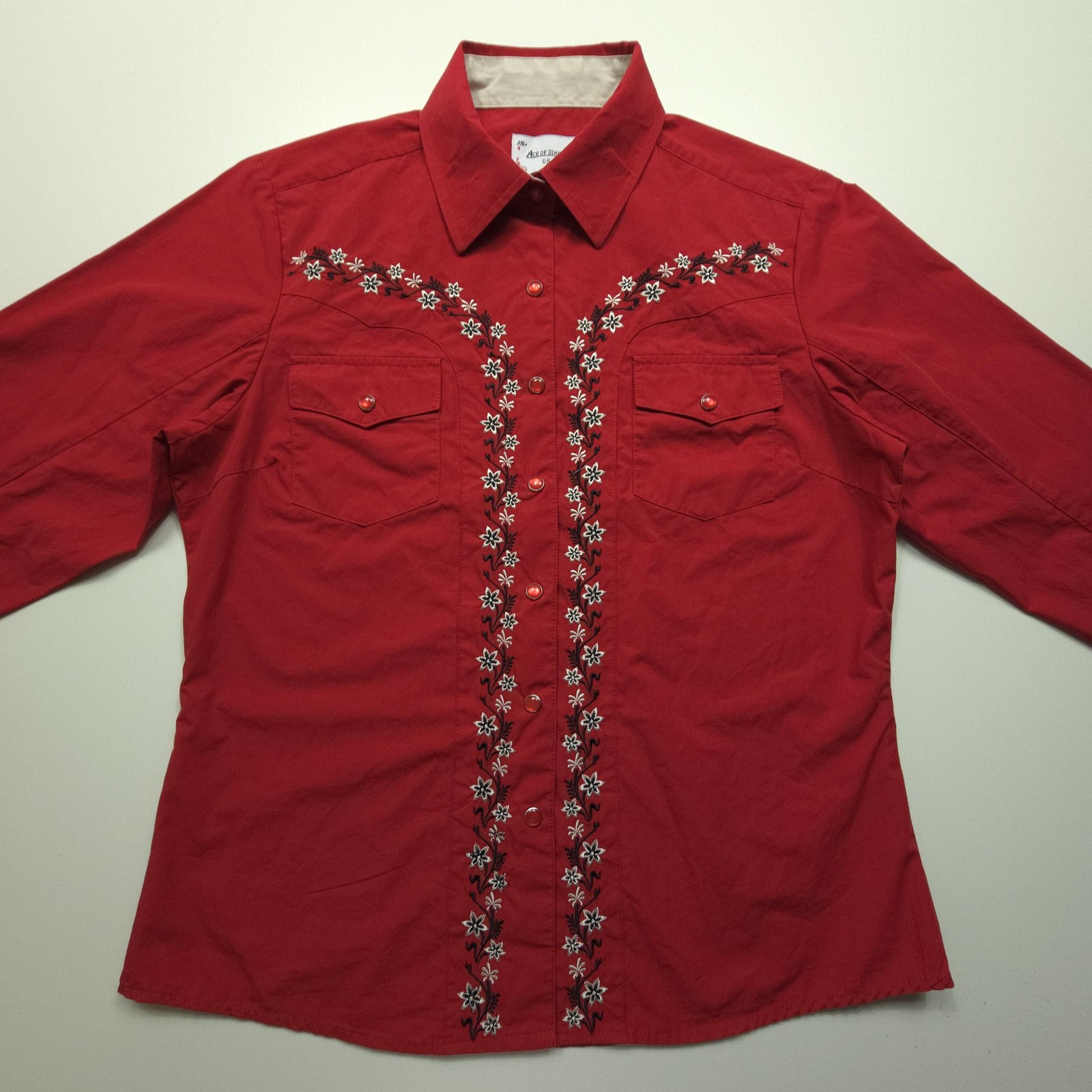 ACE OF DIAMND Womens Shirt Medium Red Western Floral Embroidered Snap Pockets M