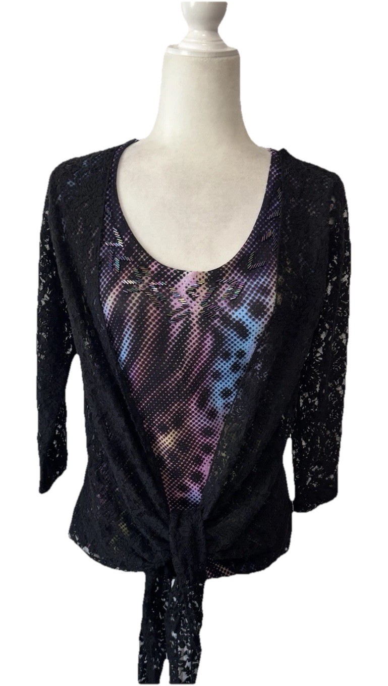 Alberto Makali Top Double Layer Stretch Floral Lace Overlay Beaded Sz M