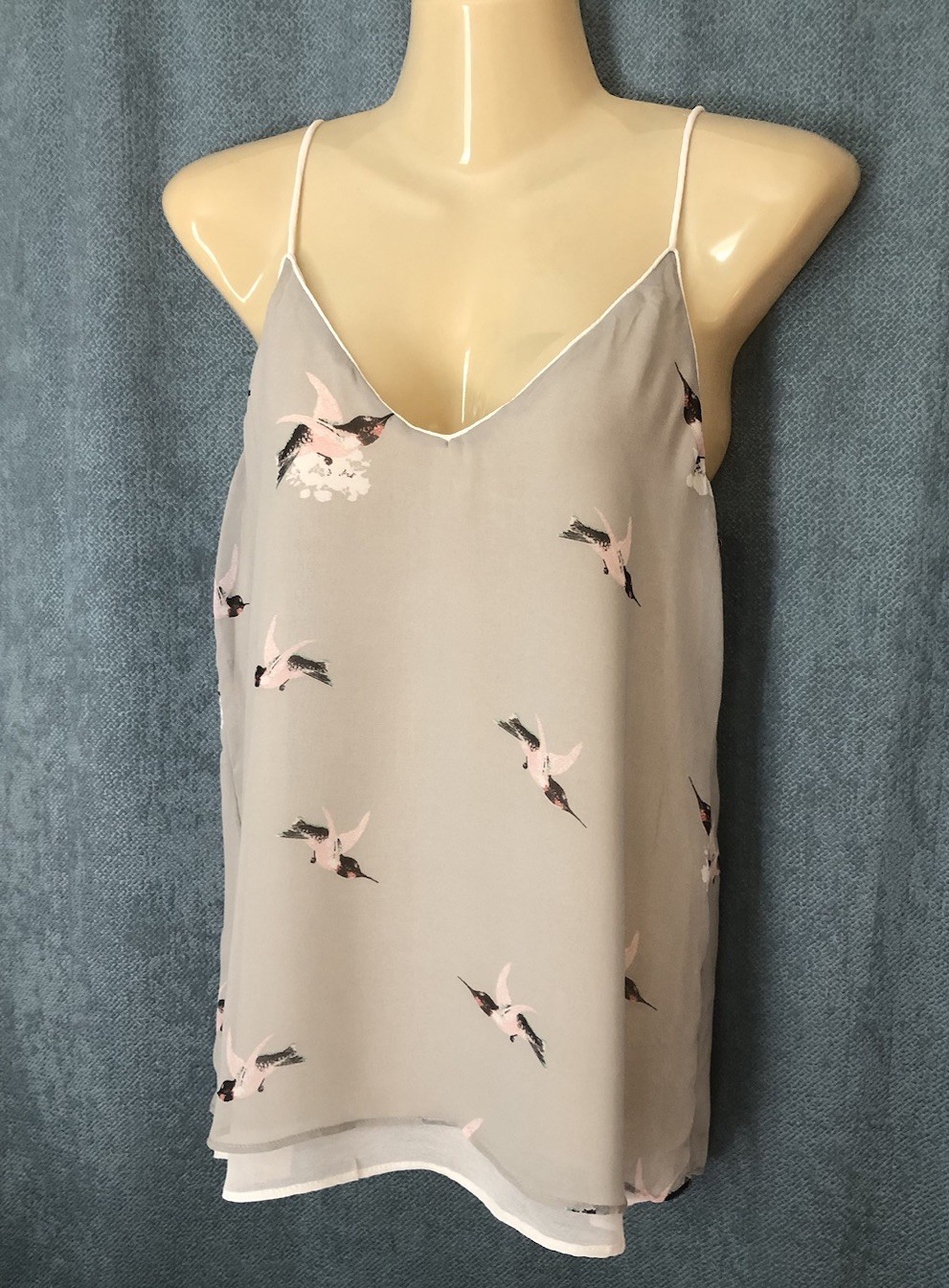Zara Basic Chiffon Layered Tank Top Sz Small Gray Hummingbird Bird Print