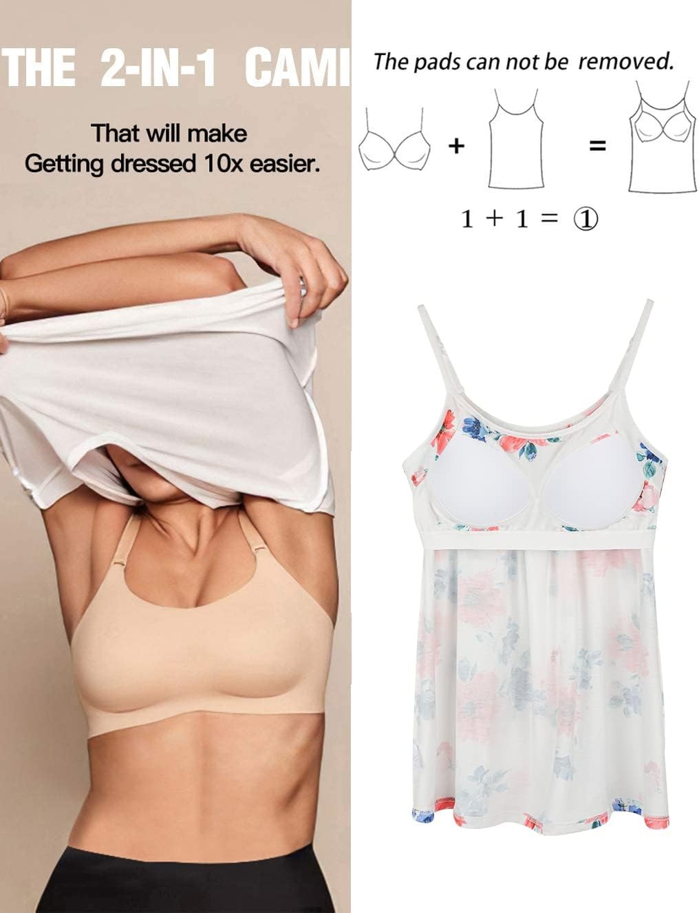 Womens Built in Bra Padded Cami Vest 2 in 1 Flowy Swing Loose Fit Camisole Tops