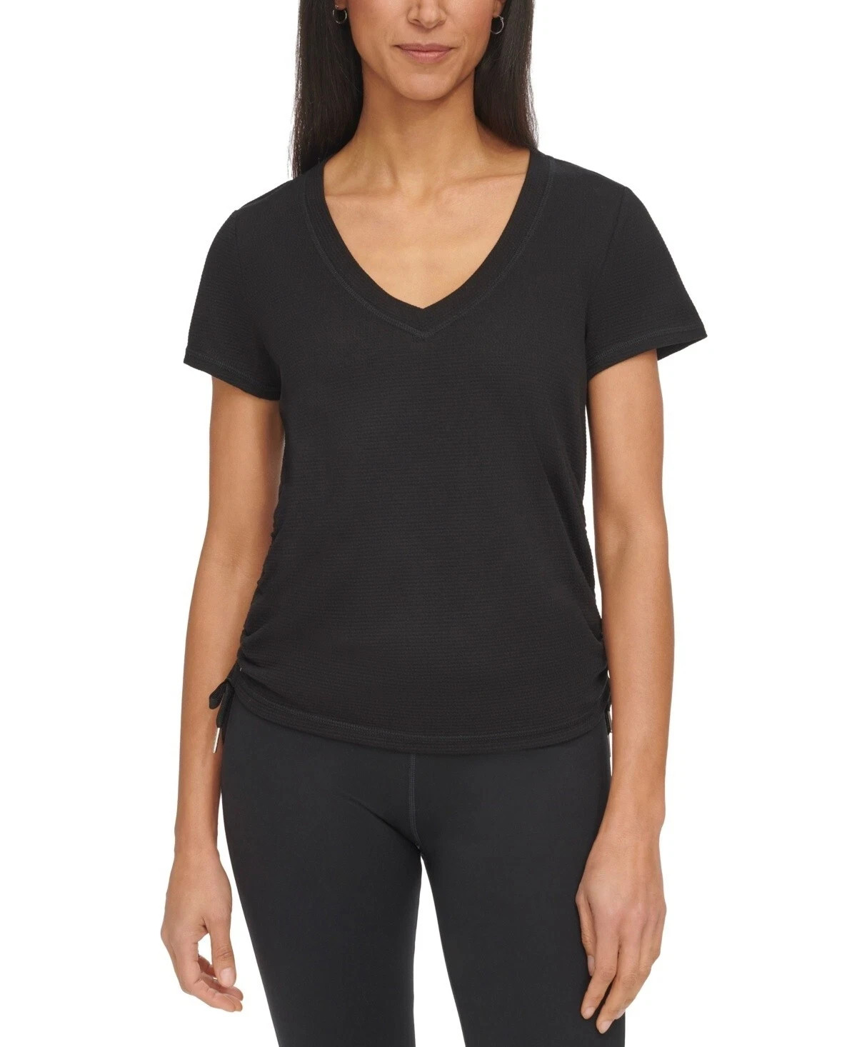 Calvin Klein Performance Drawstring-Ruched Textured V-neck Shirt Size L Black