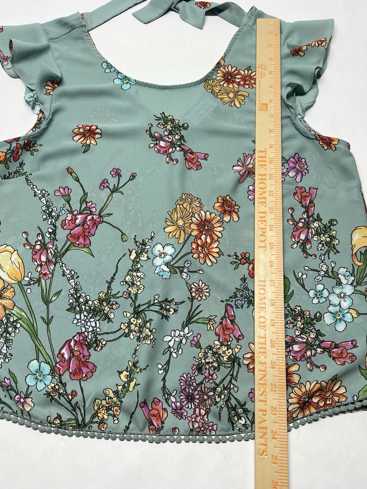 Blue Wildflower Floral Flutter Sleeve Tie Back Blouse XL Boho Cottagecore Dainty