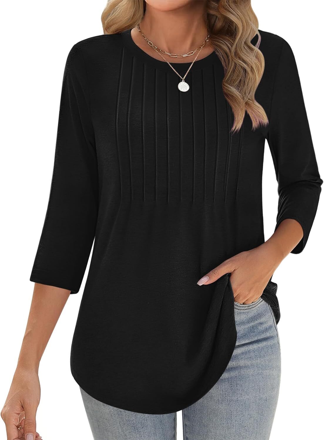 Womens 3/4 Sleeve Tunic Top Loose Fit Pleated Crew Neck Summer Casual Blouse