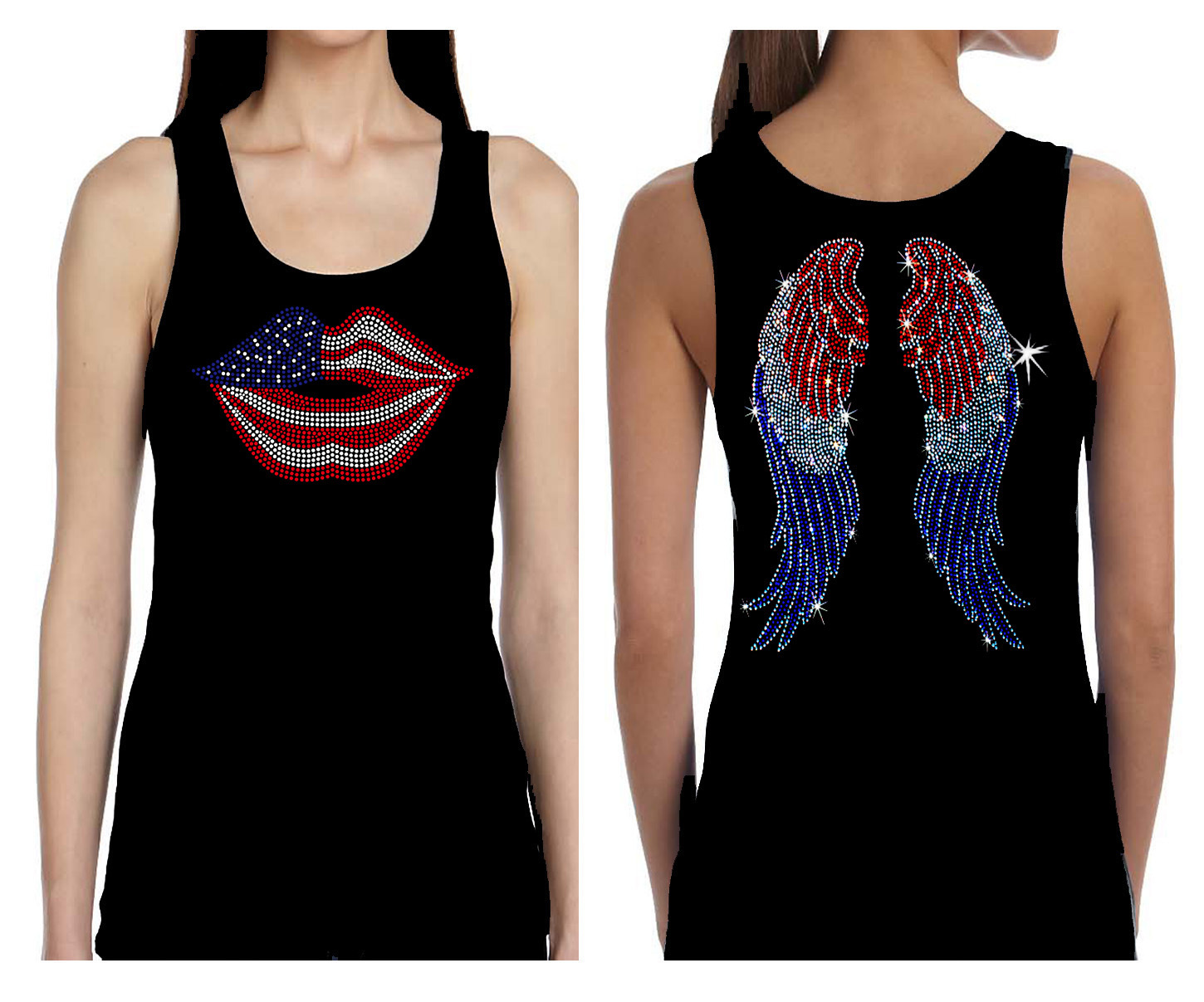 LIPS FLAG ANGEL WINGS RHINESTONE 4TH OF JULY VETERANS DAY TANK TEE SHIRT