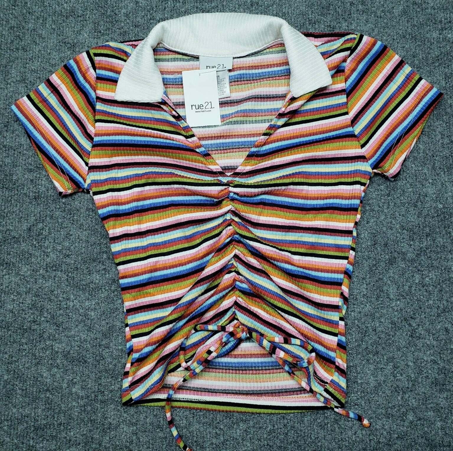 Rue21 Crop Top Womens XS Multicolor Striped Short Sleeve V-Neck Ruched Tie New