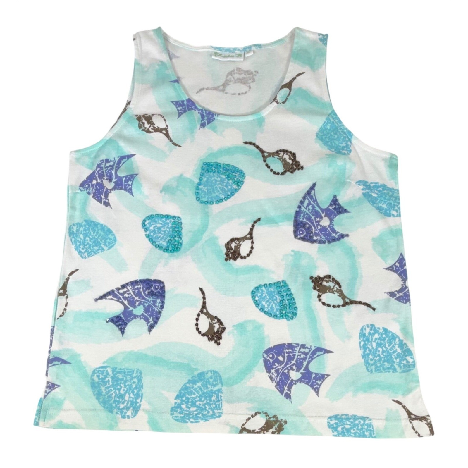 Lulu-B Tank Top Large Blue Teal Nautical Fish Shell Beaded Sequin Beach Coastal