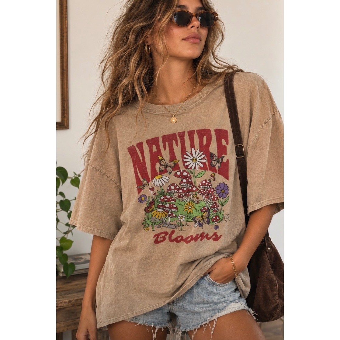 Fifth Sun Boho Nature Blooms Mushroom Graphic T-Shirt XL Tan Cottagecore Raw Hem