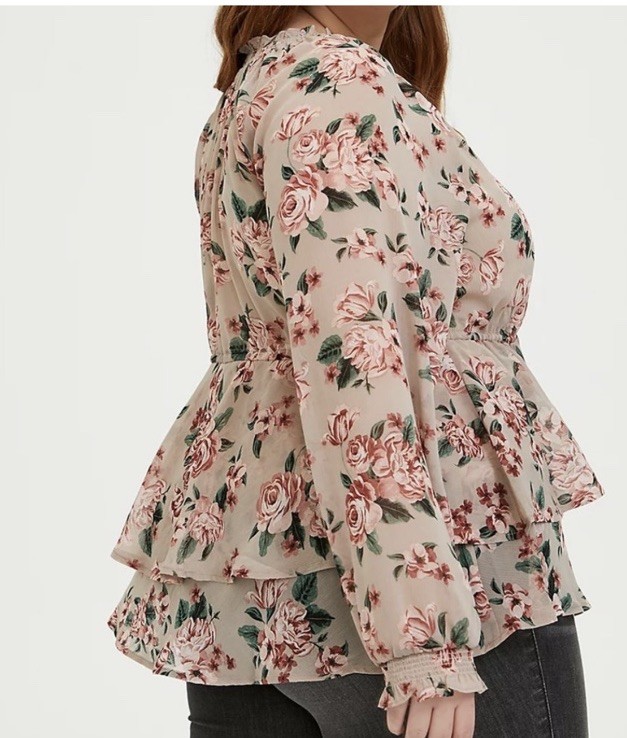 Torrid Green Pink Floral Chiffon V-Neck Ruffle Peplum Blouse Long Sleeve 2X