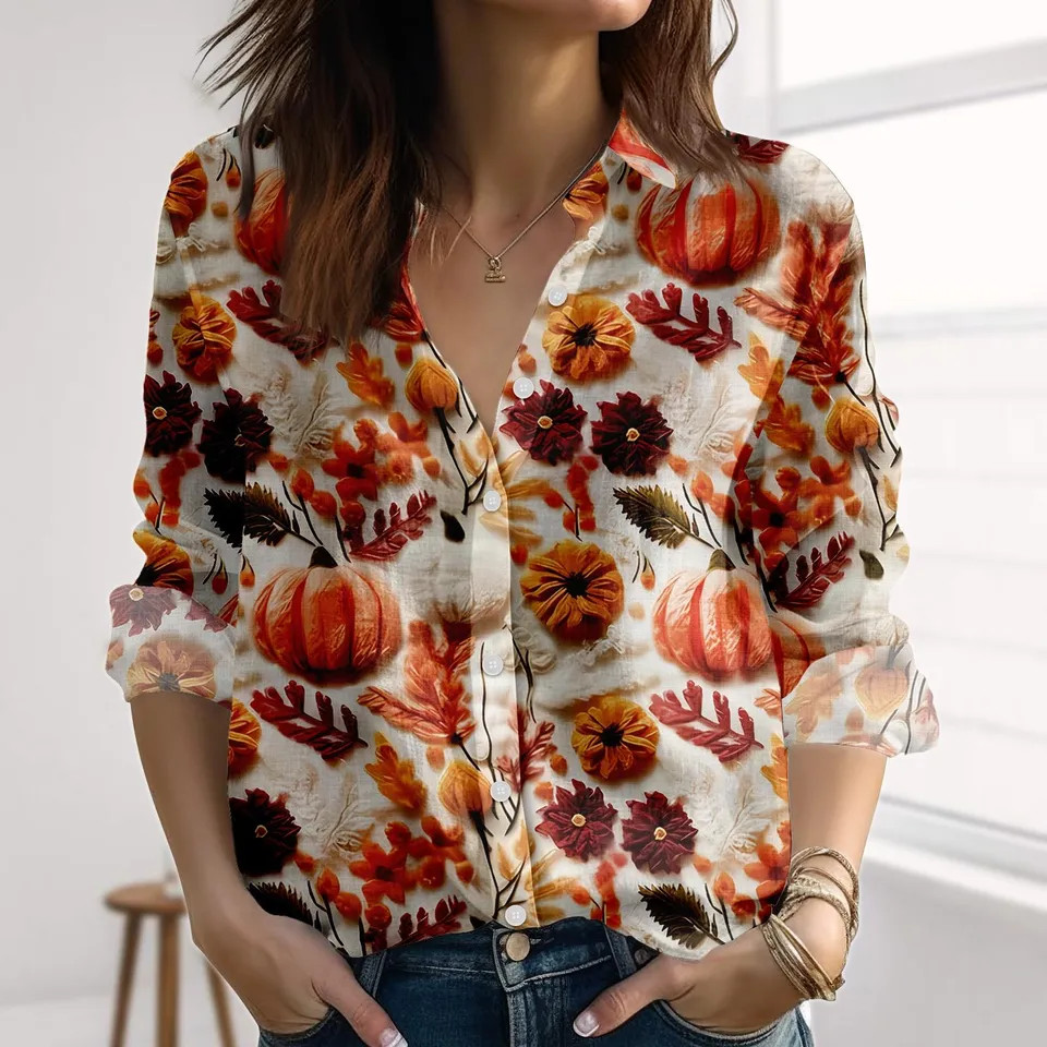 Cozy Fall Pumpkin Floral Blouse Autumn Button Down Shirt Thanksgiving Gift