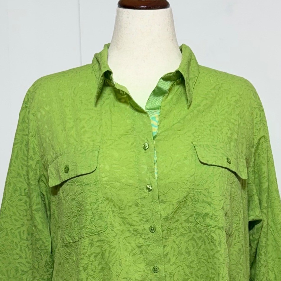 Coldwater Creek Top Women 2X 20-22W Green Button Up Crinkle Roll Tab 3/4 Sleeve