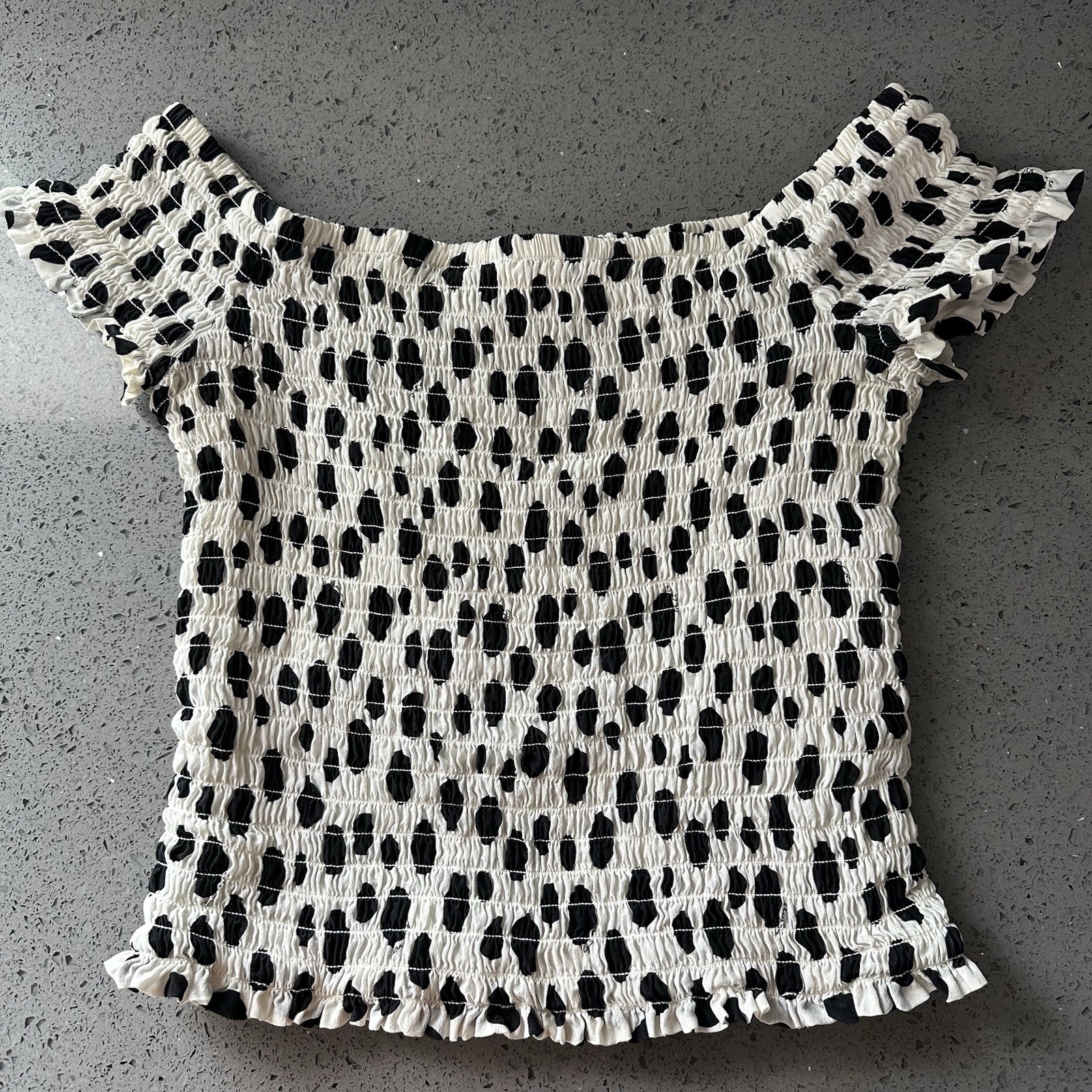 VTG Y2K Miss Sixty Smocked White Black Polka Dot Off-Shoulder Top Size Medium