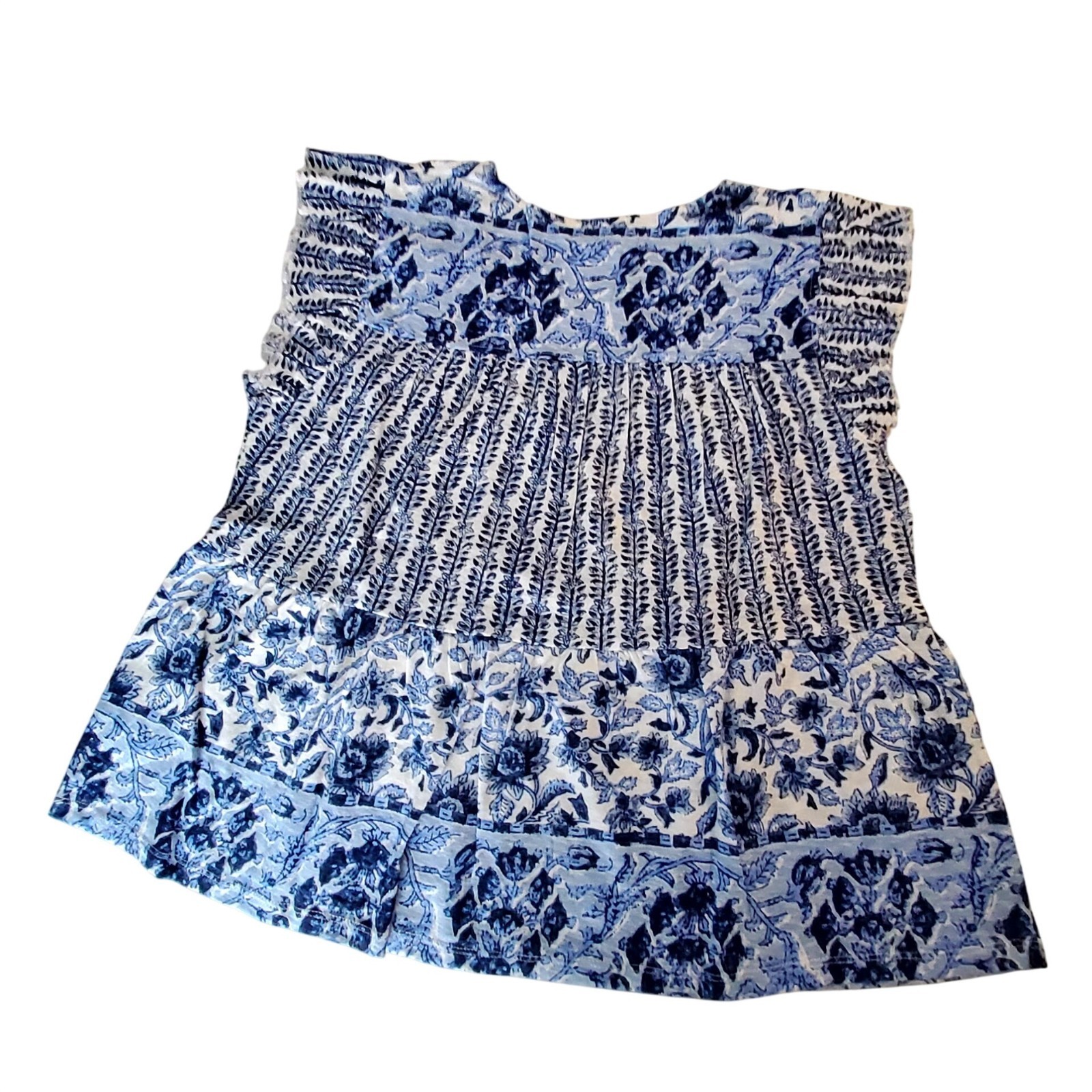 Lucky Brand Womens Blue & White Floral Cotton Top Size M breathable comfort