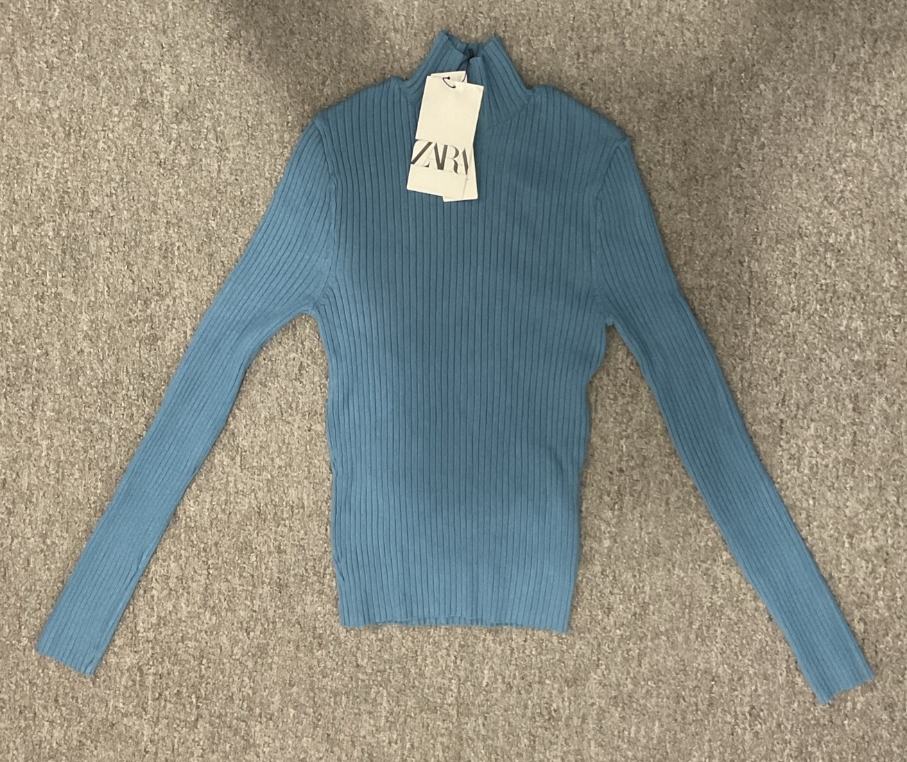 ZARA Blue Ribbed Mock Neck Long Sleeve Shirt Womens Size Medium NEW WITH TAGS