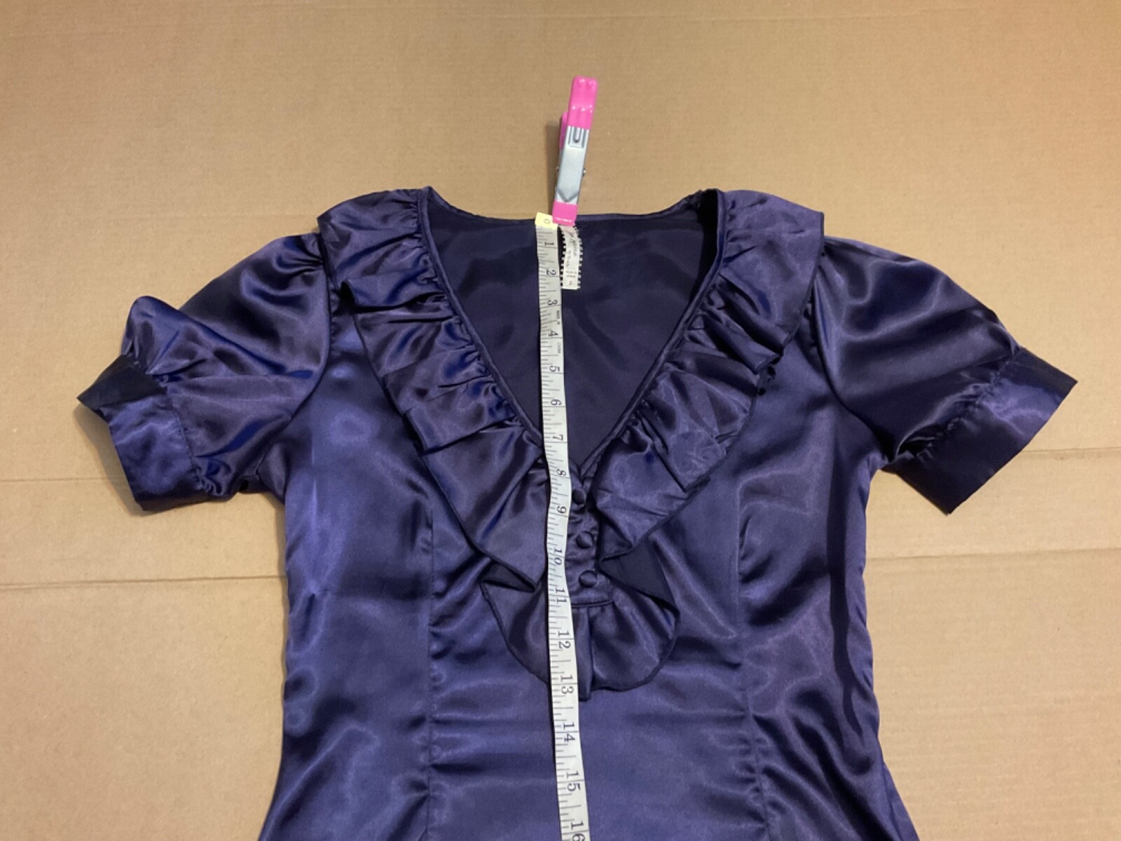 Goth Edwardian Victorian Style Short Sleeves Ruffle Shiny Purple Blouse Top Sz S