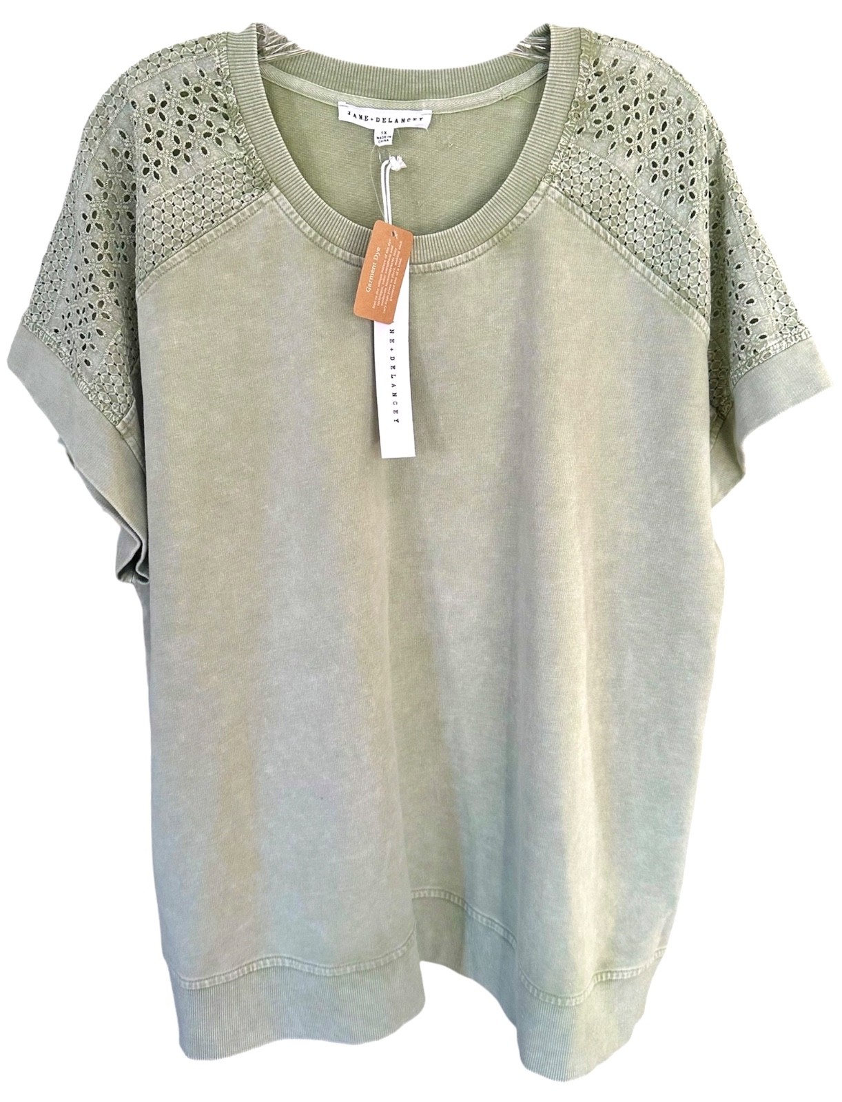 Jane & Delancey Women’s Garment Dye Blouse Short Eyelet Sleeve Plus Size 1X Sage