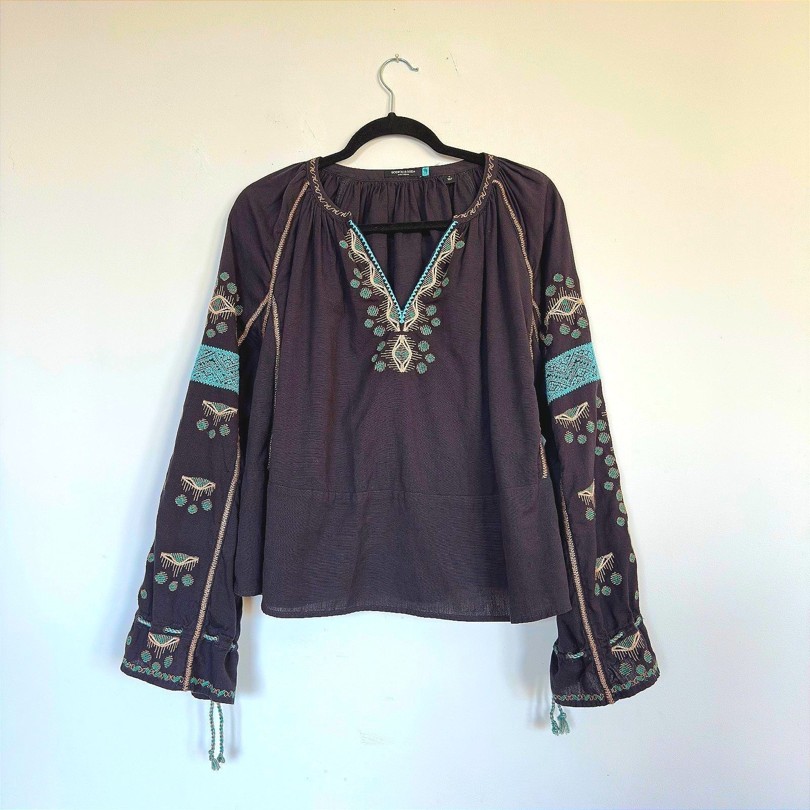 Scotch & Soda Peasant Blouse MEDIUM (EU 40) Gray/Black Embroidered Linen Boho
