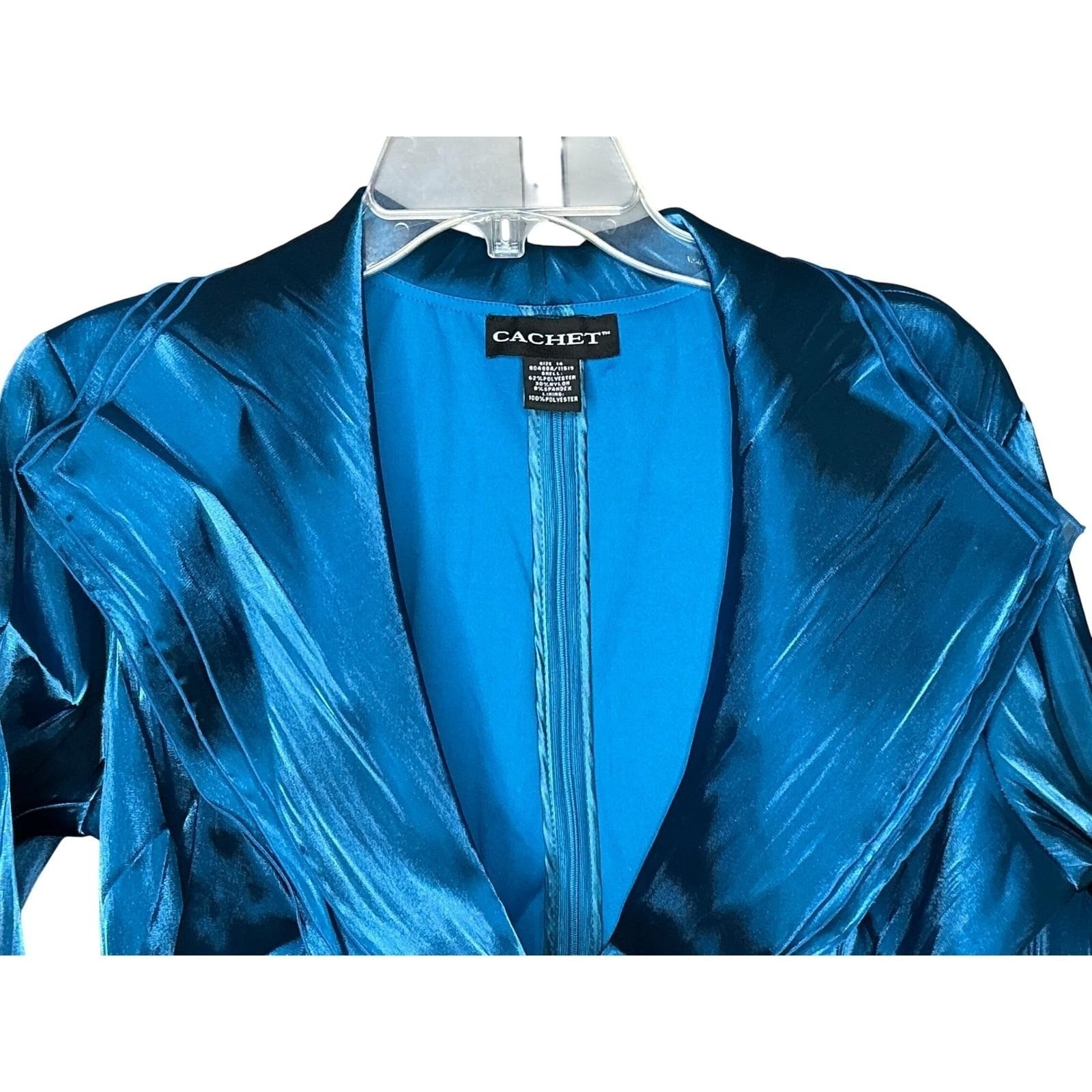 Cachet Blue Teal Satin Surplice Evening Blouse Ruched Waist 3/4 Sleeve Size 14