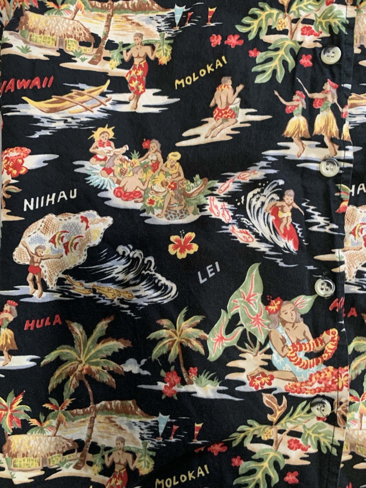 Go Barefoot Women’s Hawaiian Shirt Medium Black Hula Traditional 100% Cotton