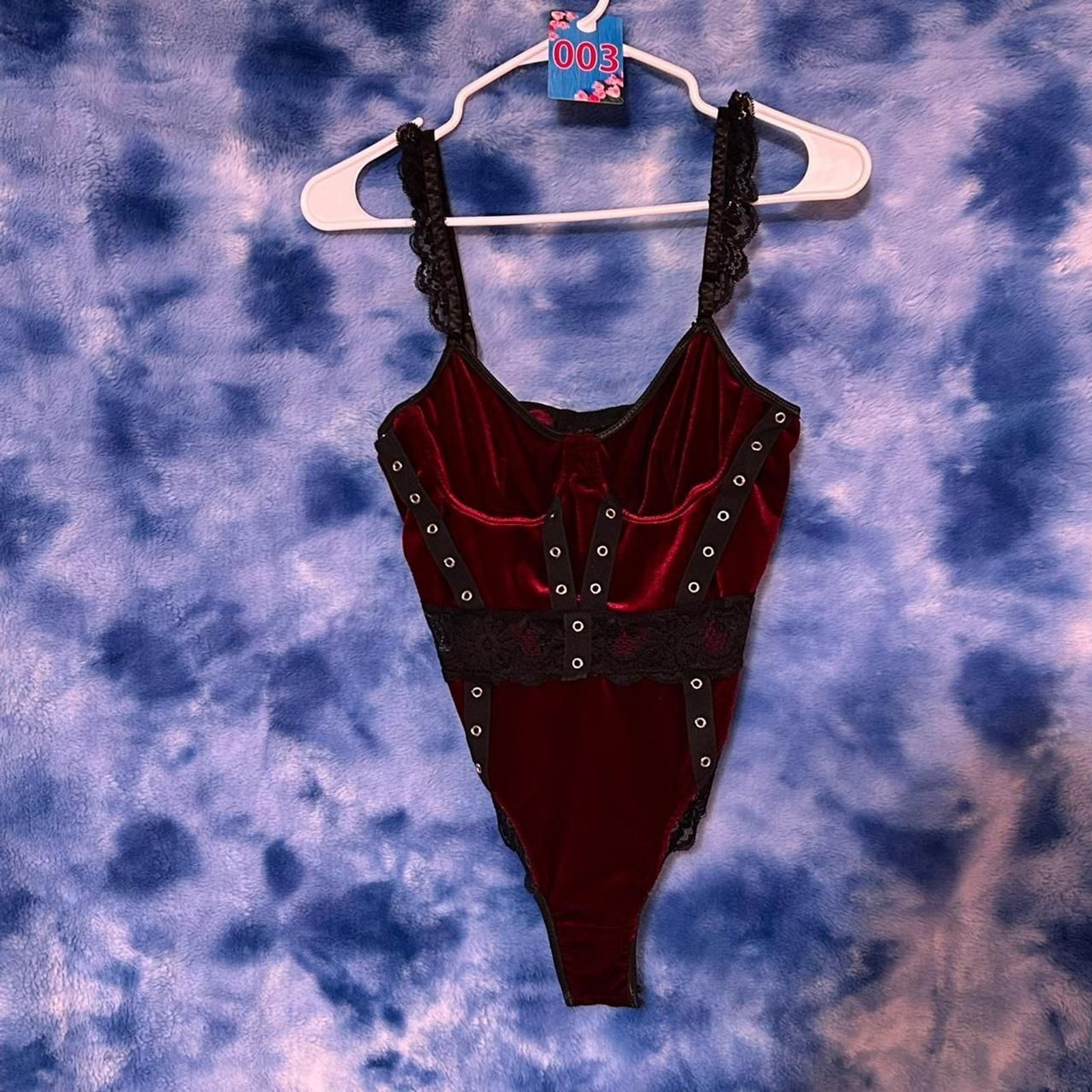 3. Red velvet bodysuit goth alt vibes with snap closure and lace strap detailing