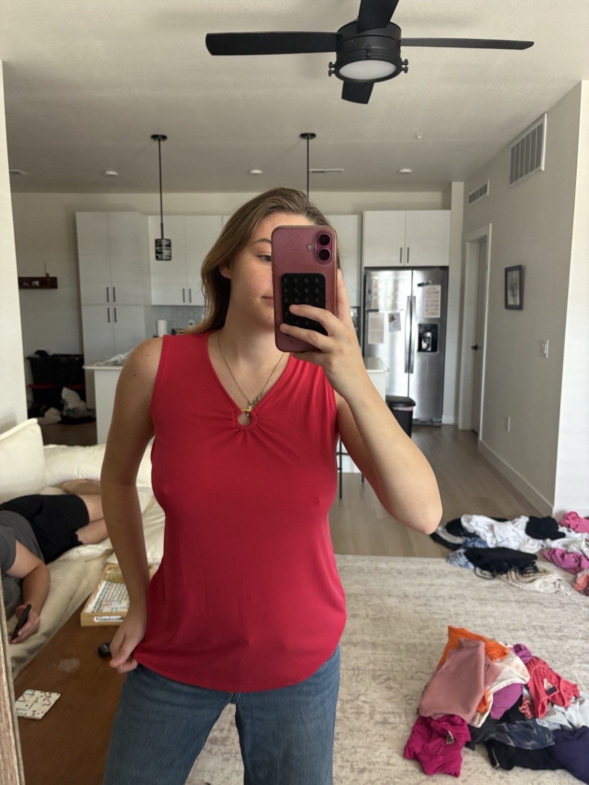 Susan Graver Women’s XXS Red Solid V-Neck Sleeveless Ring Accent Jersey Tank