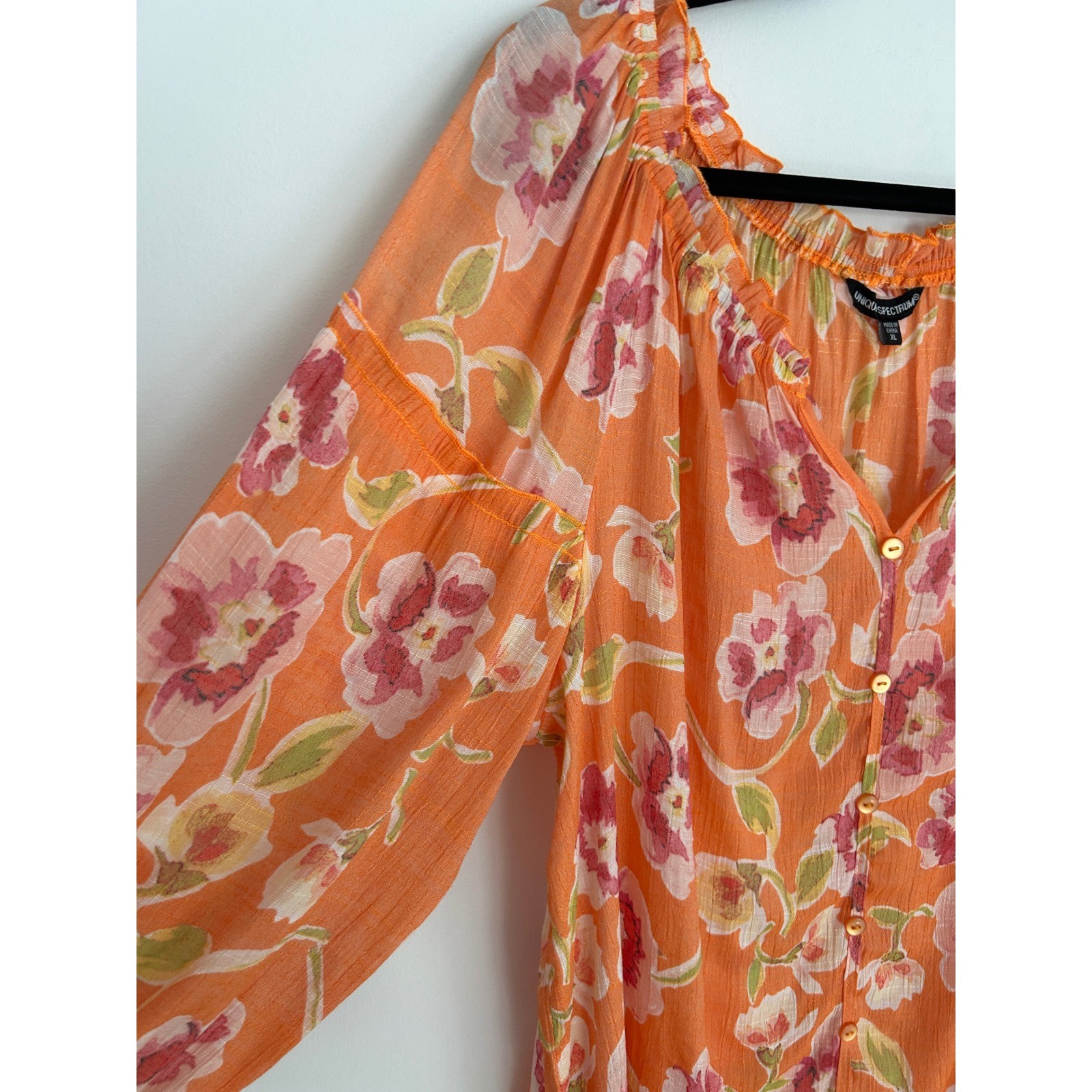 Unique Spectrum Orange Floral Button Down Blouse Smocked Cuffs XL Boho Top