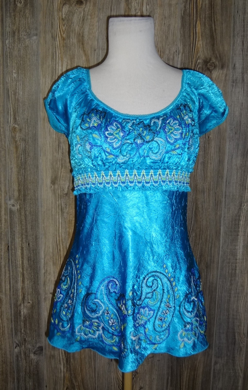 Y2K Turquoise Embroidered Empire Waist Cap Sleeve Womens Sz Medium Boho