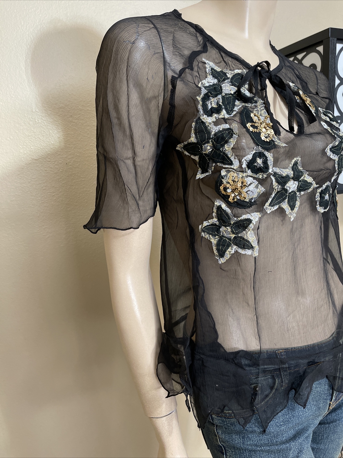 Women’s Black Silk Casual Summer Sheer Beaded Embroidered Lace Size M Blouse Top