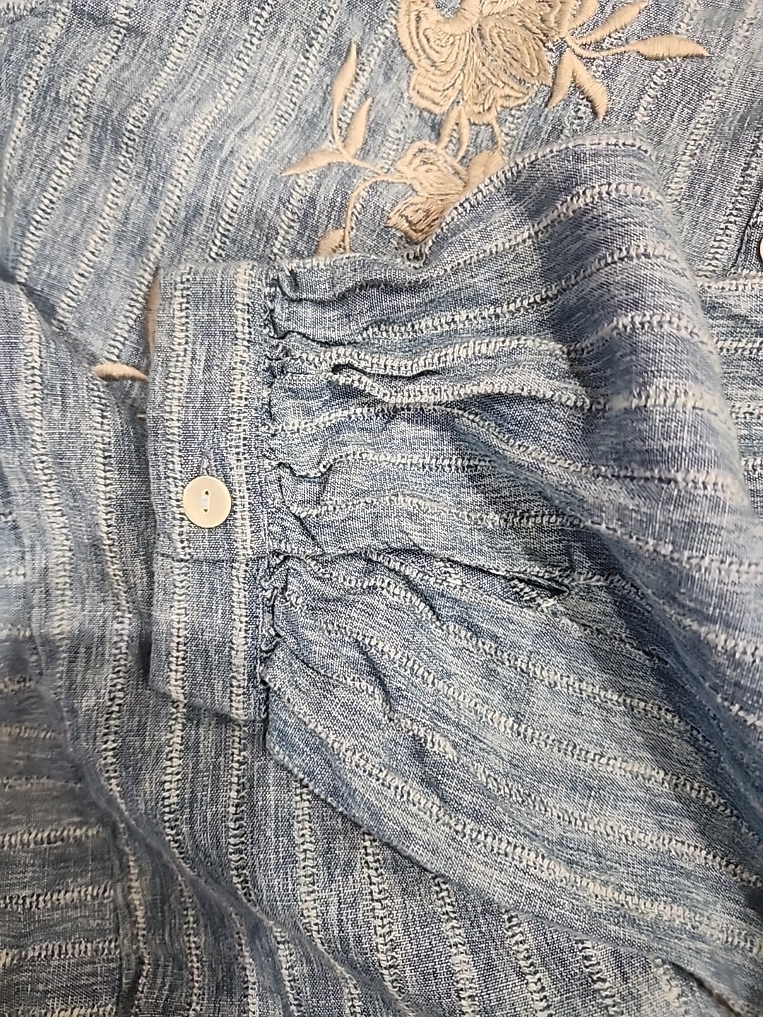 Pure Jill Indigo Embroidered Boho Blouse L Blue White Stripe Floral Long Sleeve