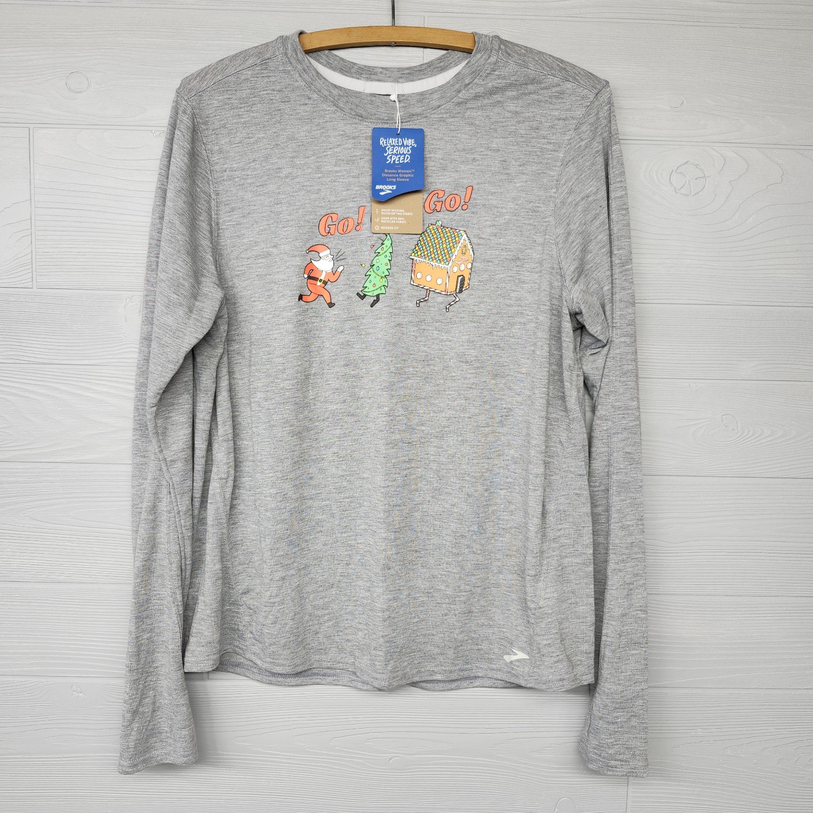 Brooks Christmas Santa Claus Gray Long Sleeve TShirt Womens Size XL NWT