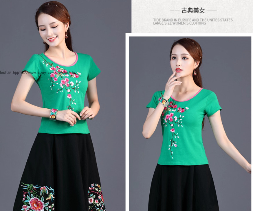 Summer Chinese Style Women’s Short Sleeve Blouse Tops embroidery Ethnic T-Shirts