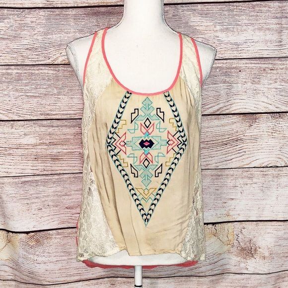 Flying Tomato Embroidered Sheer South Western Aztec Tank Size M
