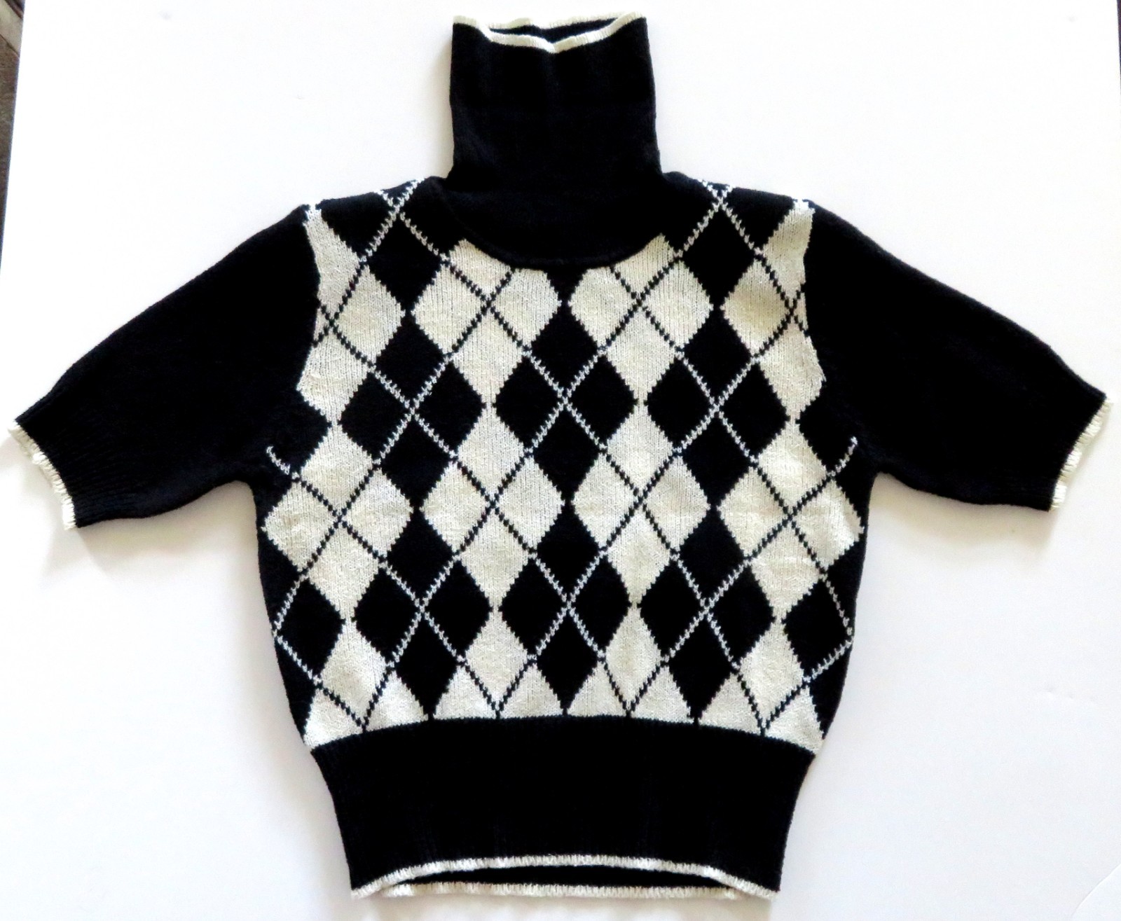 Vtg 1980s Classic Harlequin Diamond Black/White Top Sz-P Short Sleeve Turtleneck