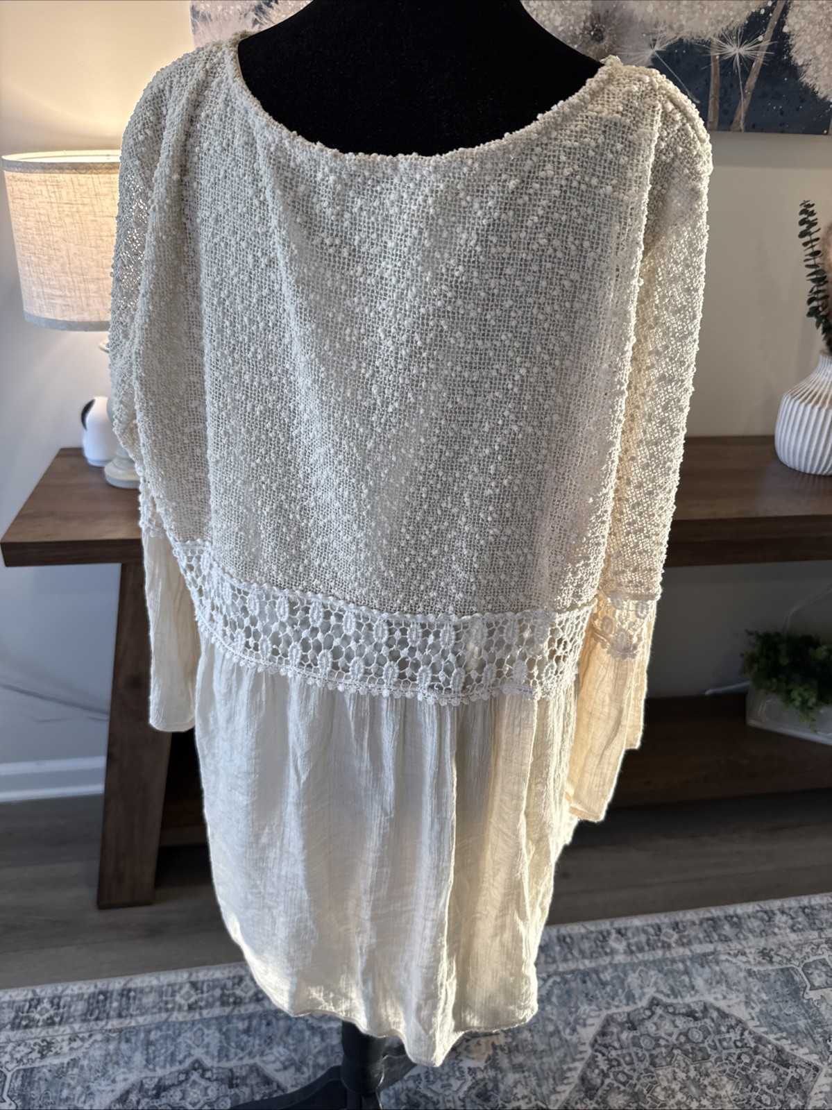 Cal Style Beige Crochet Lace Boho Peasant Top Romantic Bell sleeve