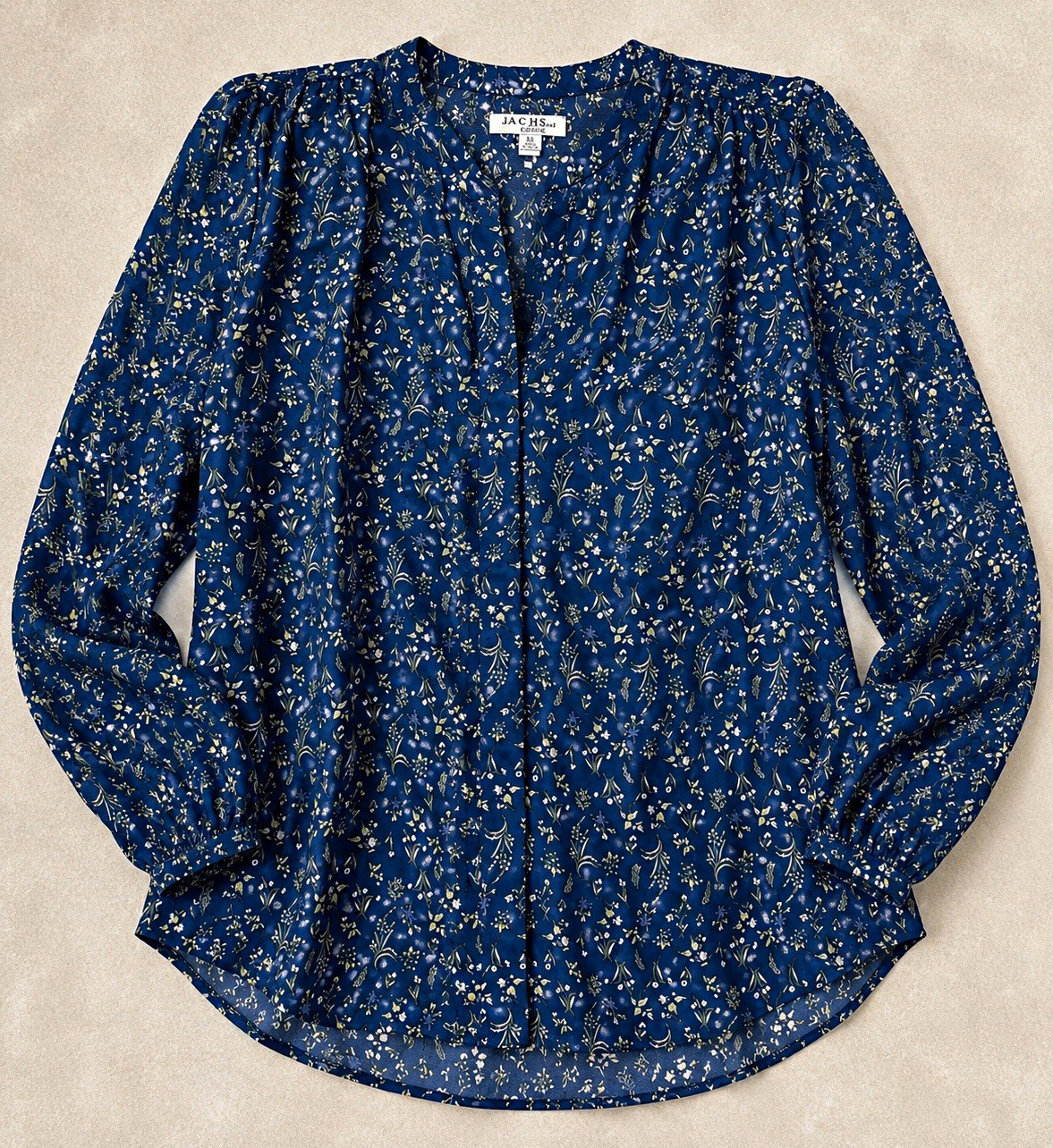 JACHS Girlfriend Women’s Blue Floral V-Neck Pleated Button Blouse Long Sleeve XL