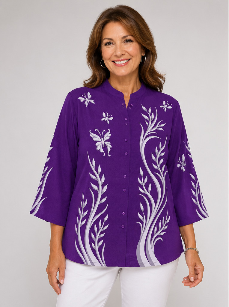 Vtg Bob Mackie Wearable Art Blouse 100% Silk Purple XL Butterflies Bird Artsy