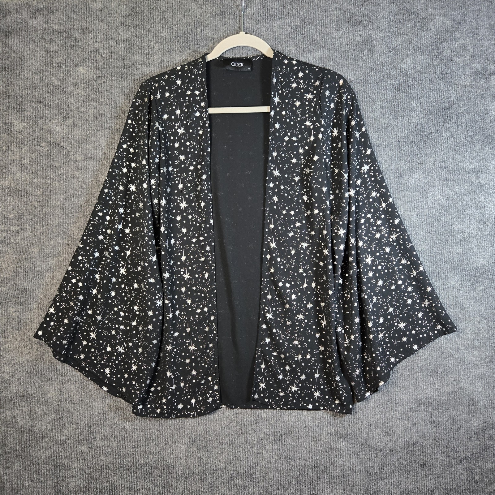 Cider Kimono Womens S Black Silver Celestial Sparkle Chiffon Open Drape