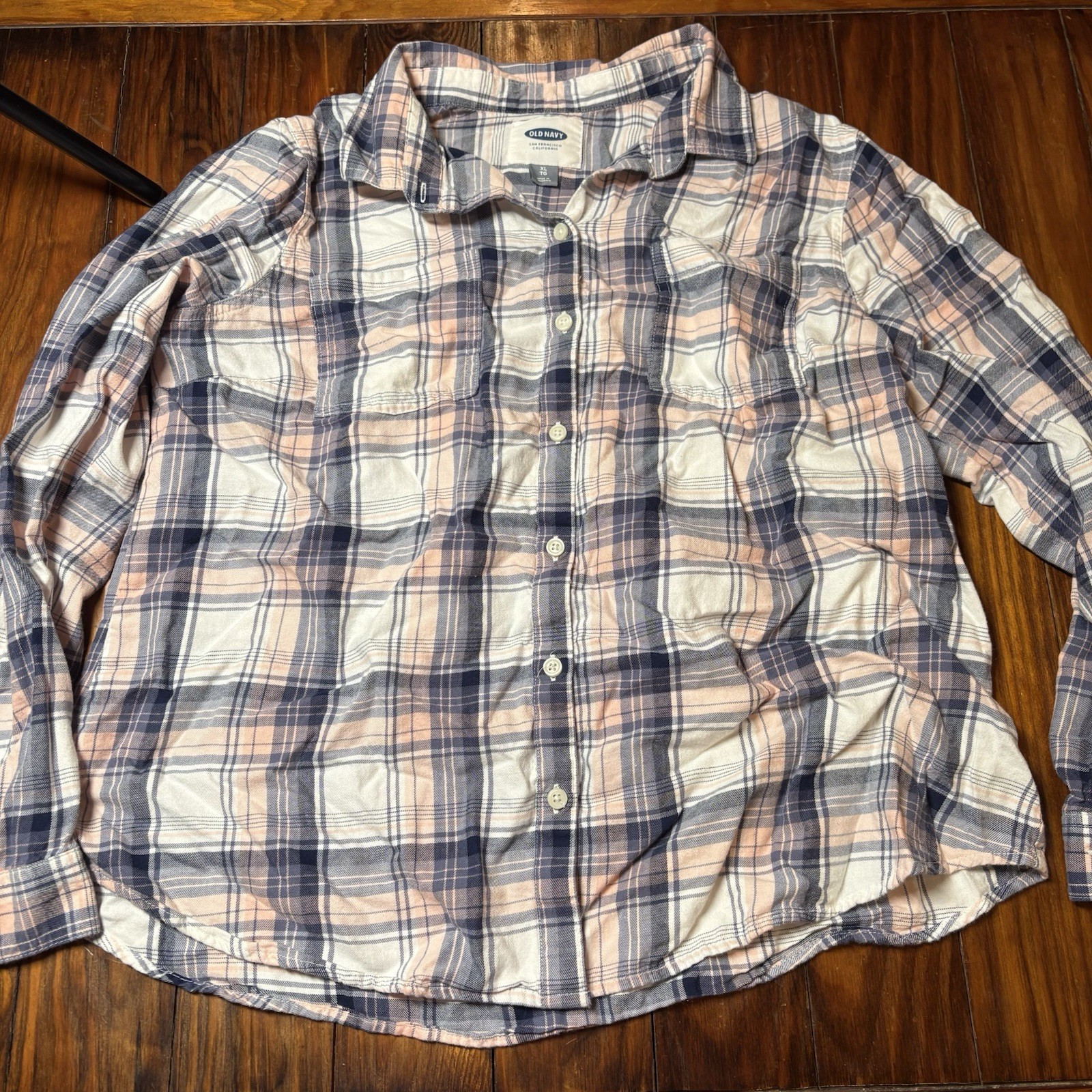 Old Navy White Pink Blue Plaid Button Up Shirt Women’s Sz XL A3433