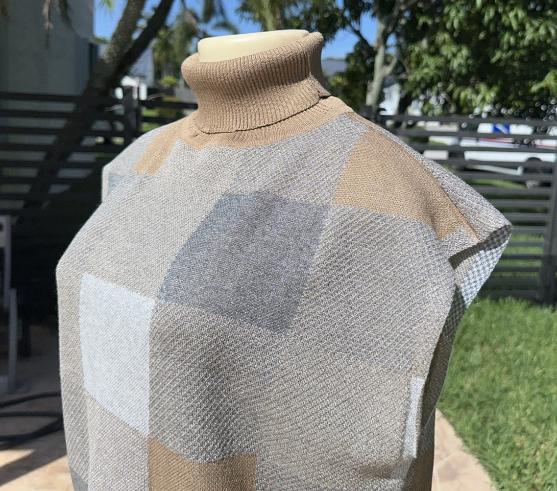 SARAH PACINI CHECK PRINT LIGHT KNIT SLEEVELESS TURTLENECK TOP STRETCH 1 Sz NWT