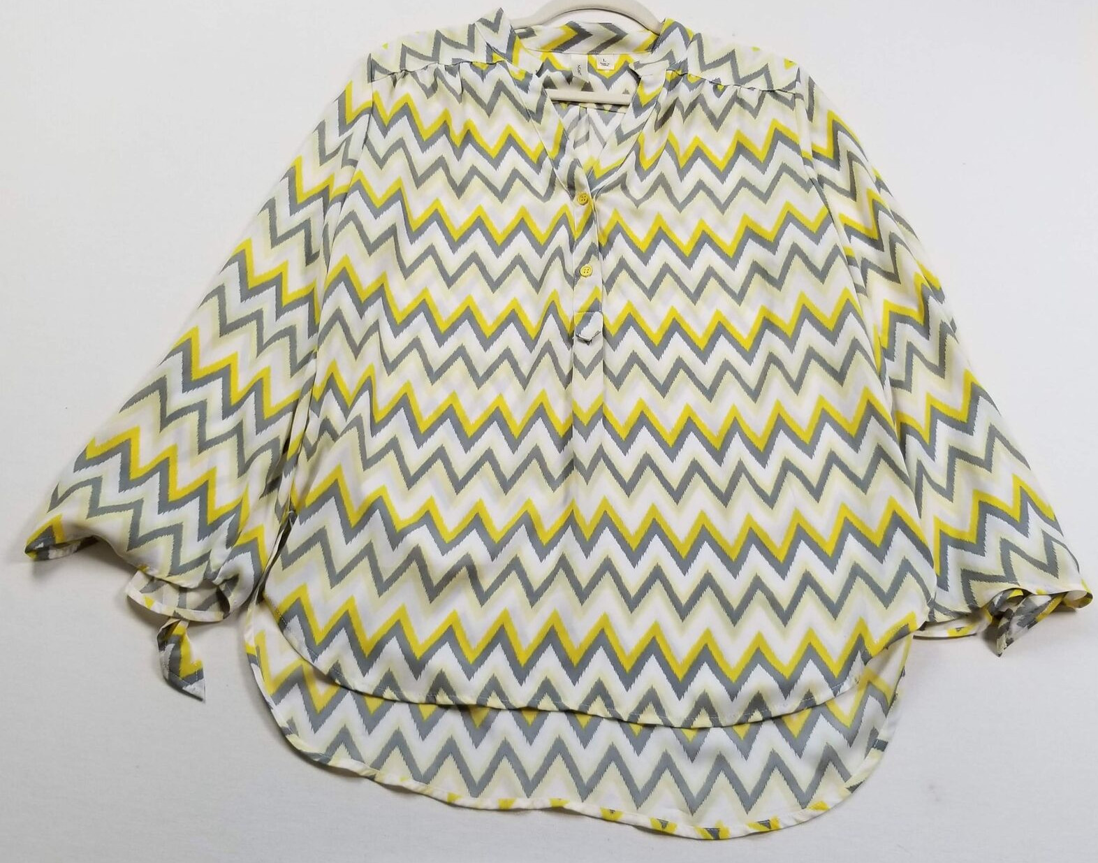 Tacera Tunic Top Women’s Large Yellow Gray White Chevron Long Bell Sleeve Blouse
