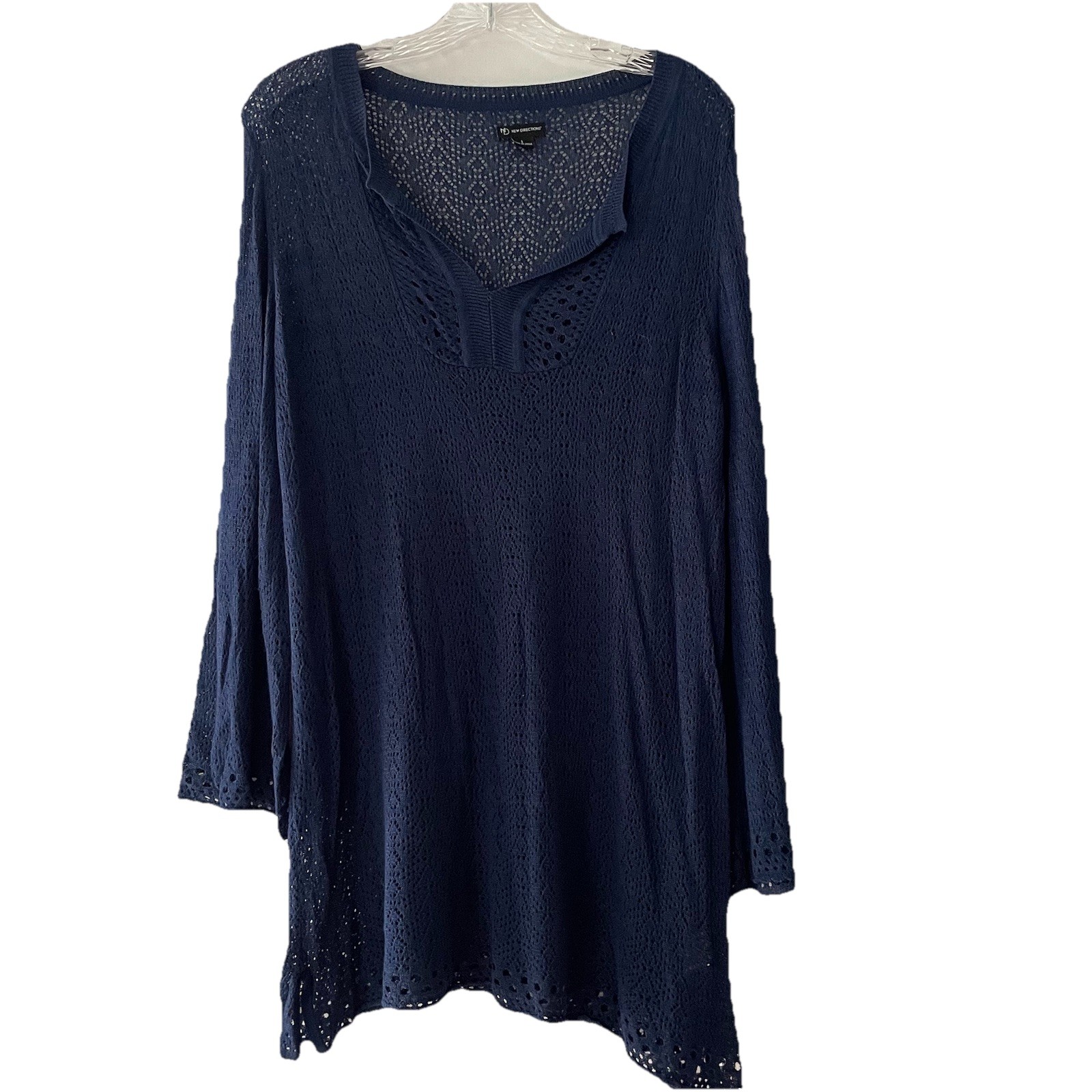New Directions Women Large Midnight Blue Shimmer Crochet Open Knit Tunic Top