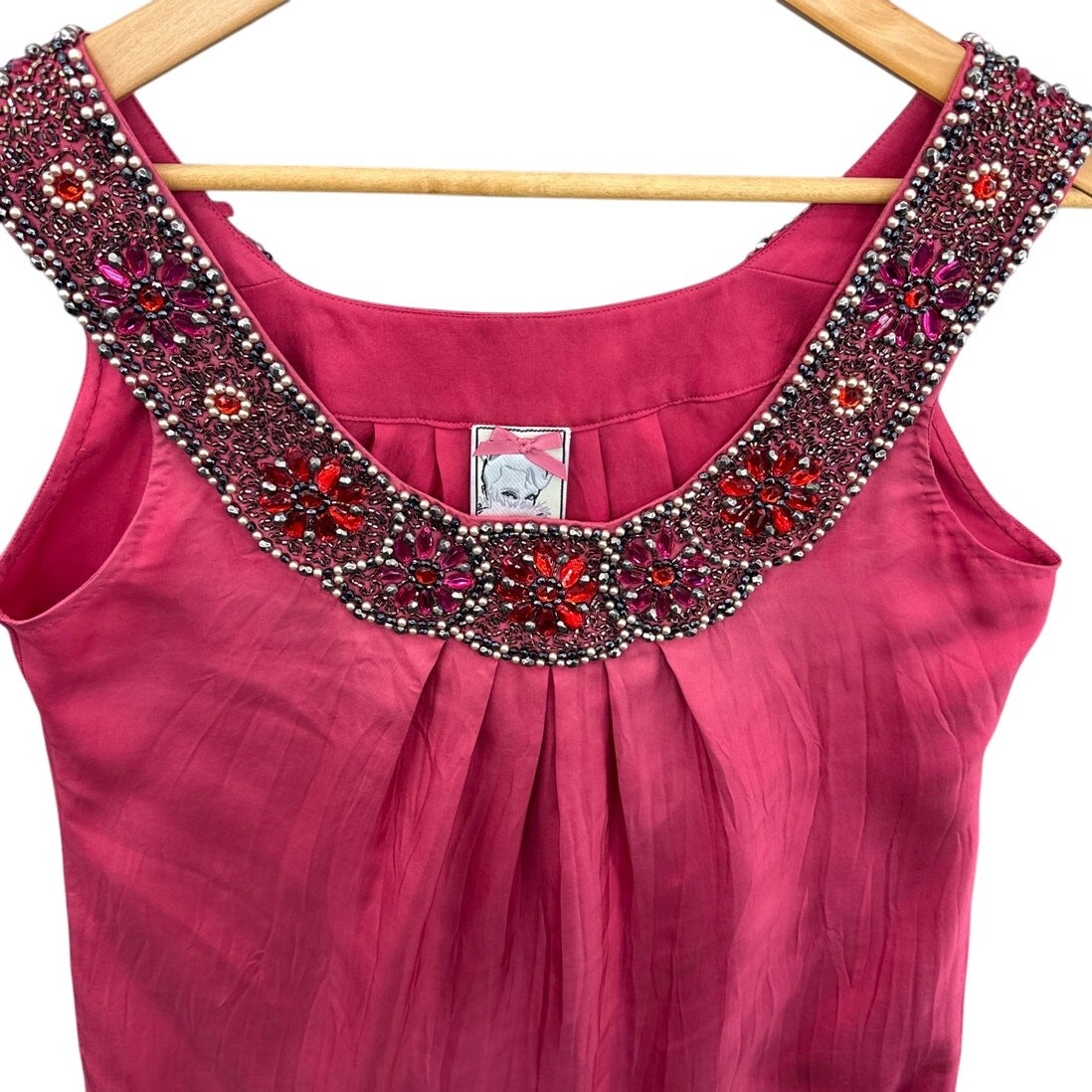 Yoana Baraschi Y2K 90s Hot Pink Silk Beaded Jewel Neck Sleeveless Blouse Women M