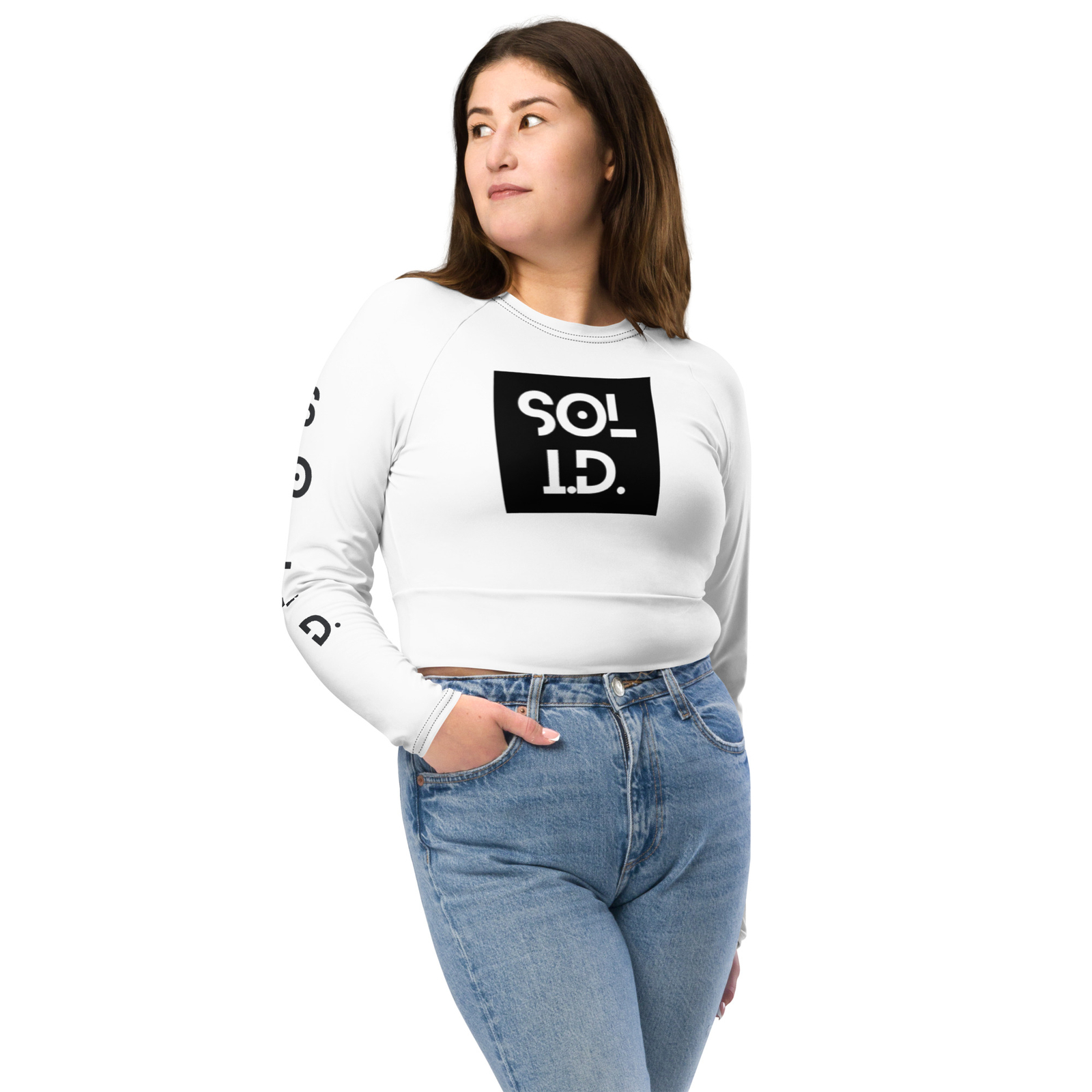 Women’s Long Sleeve Crop Top | White w/ Black Logo | UPF 50+ | Sizes 2XS-6XL