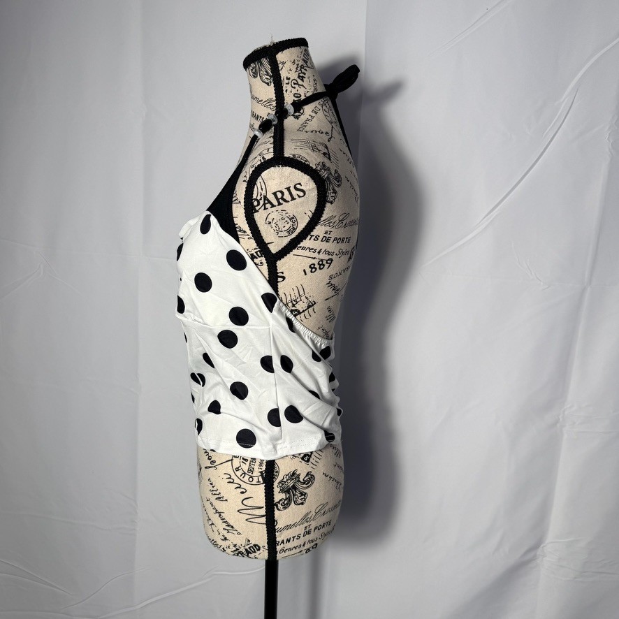 SHEIN Polka Dot Halter Crop Top White Black Ruched Bow Front Size Large NWT Boho
