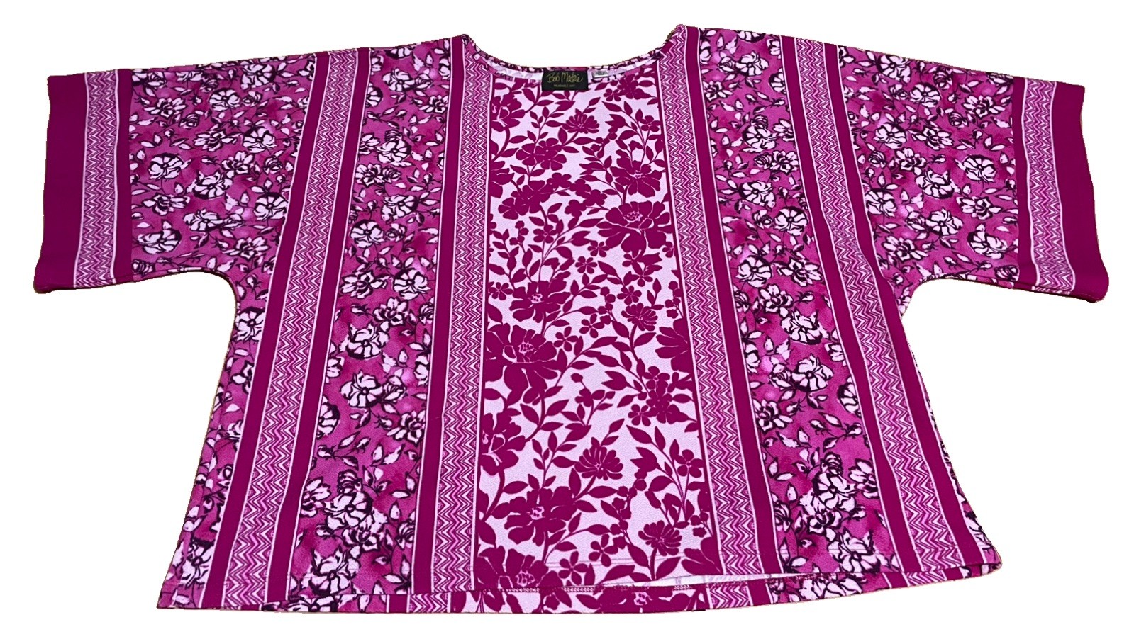 Bob Mackie WEARABLE ART Mix Floral Print Dolman Sleeve Knit Top XL Magenta MINT!