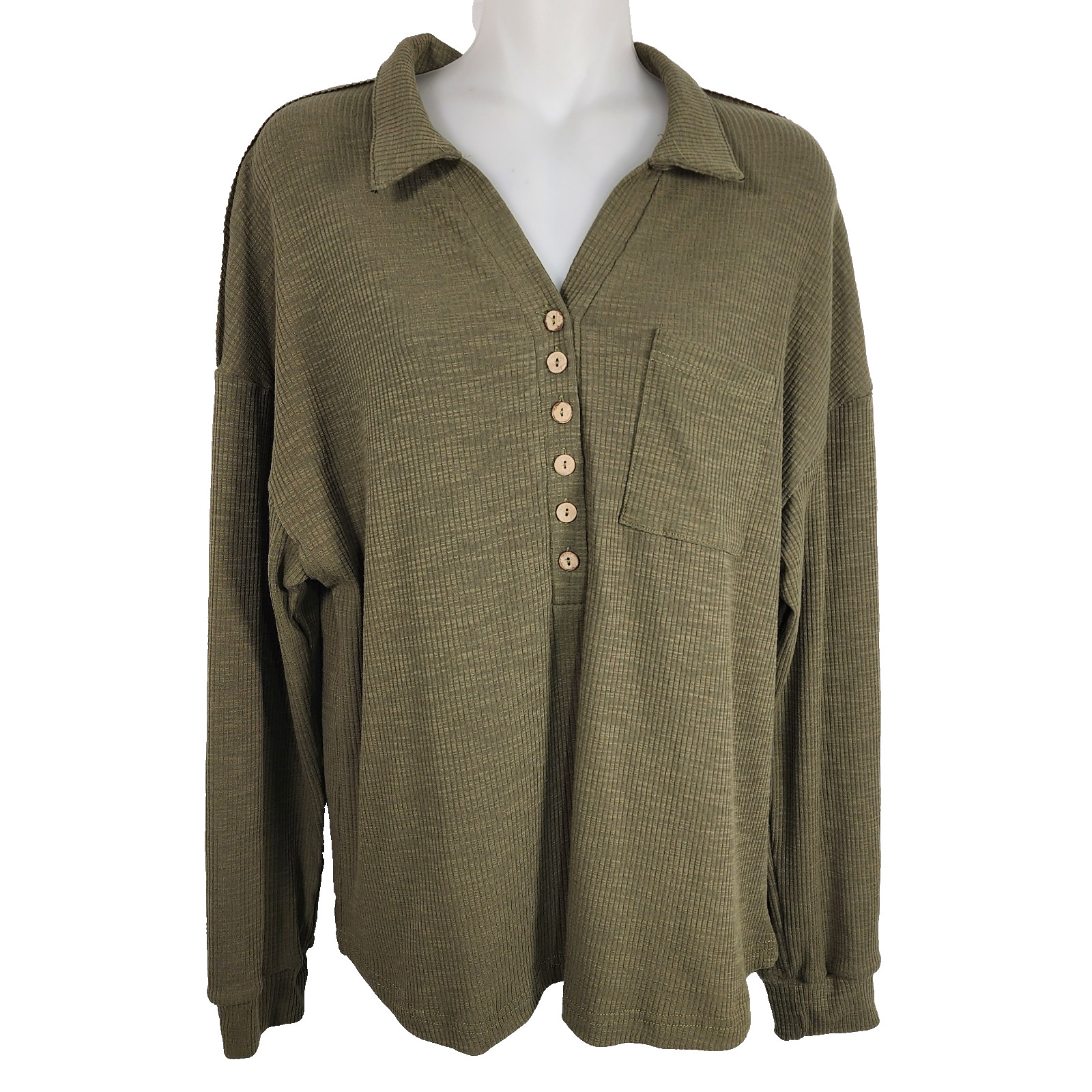 Miss Sparkling Womens Collared Top Green Waffle Knit Long Sleeve Pocket Small