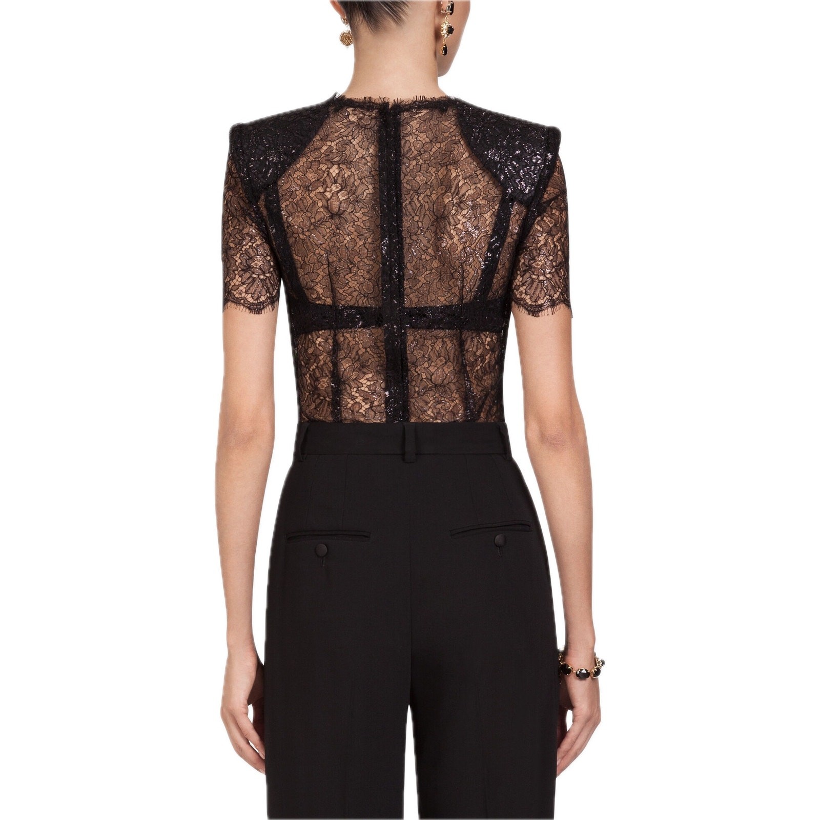 NWT Dolce & Gabbana Black Short sleeve Lame Lace Top Blouse IT 40 S