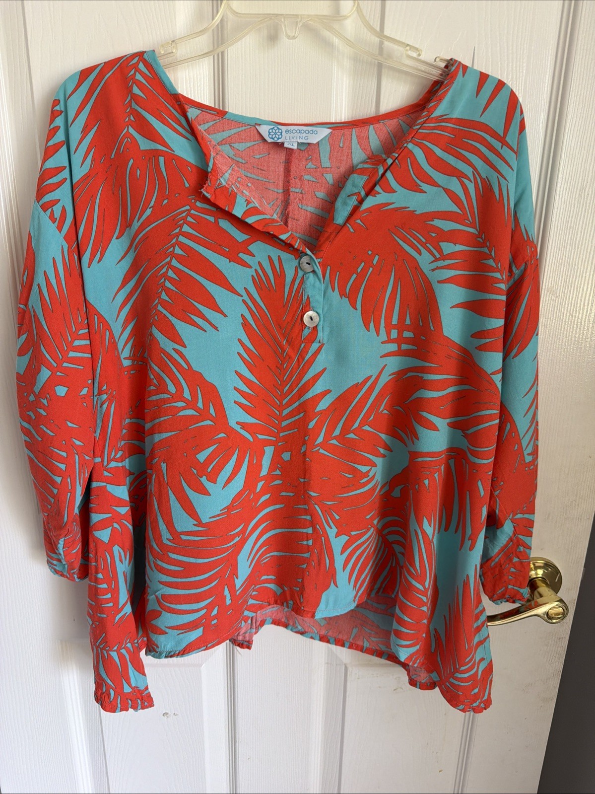 Escapada Living Bold Orange Tropical Leaf Print Blouse XL