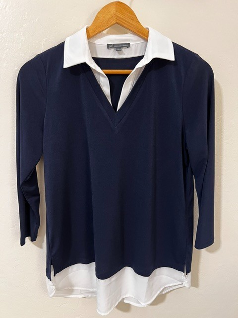 Adrianna Papell Navy and White V-Neck Long Sleeve Pullover Blouse Size Small
